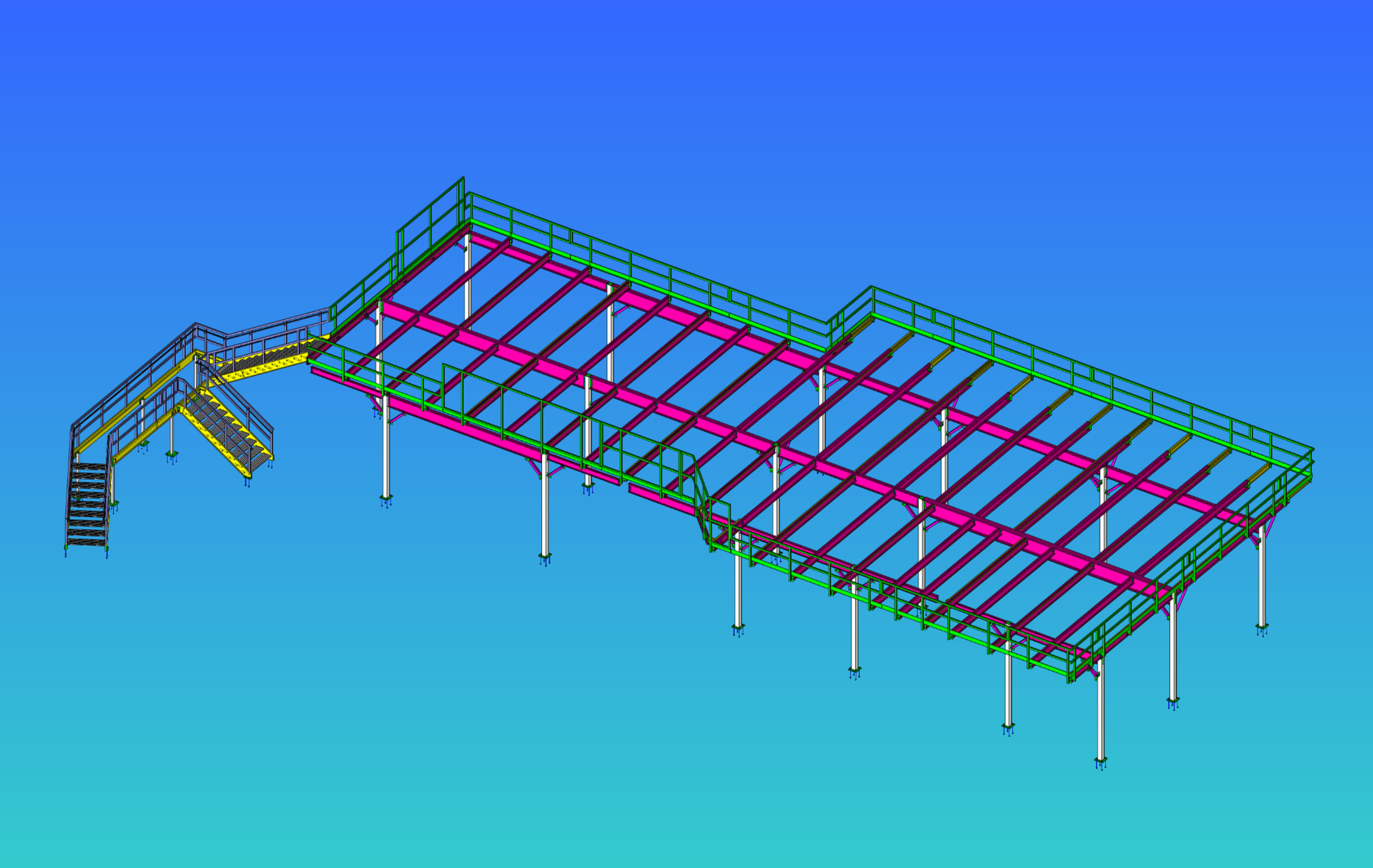 Color-coded structural model of a multi-level platform with stairs, railings, and support beams, against a blue background.