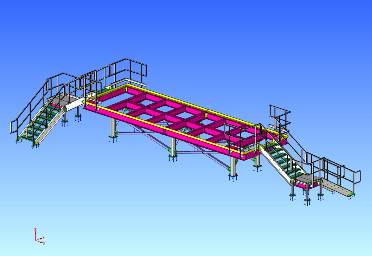 3D CAD drawing of a platform with stairs and railings, featuring a pink and yellow frame, supported by blue and green bases, against a blue background.
