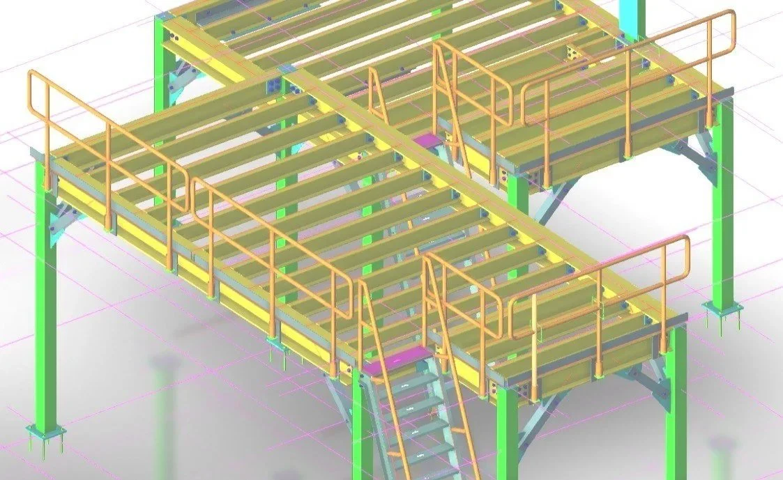 A digital 3D model of a two-level industrial platform with yellow safety railings, green support beams, and metal stairs in a CAD design.
