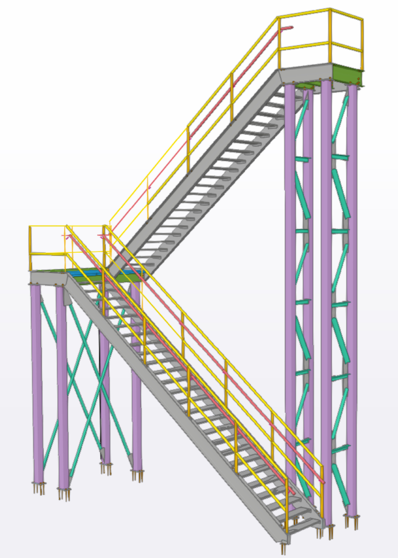 3D model of an industrial staircase with purple support columns, gray stairs, yellow guardrails, and teal braces.