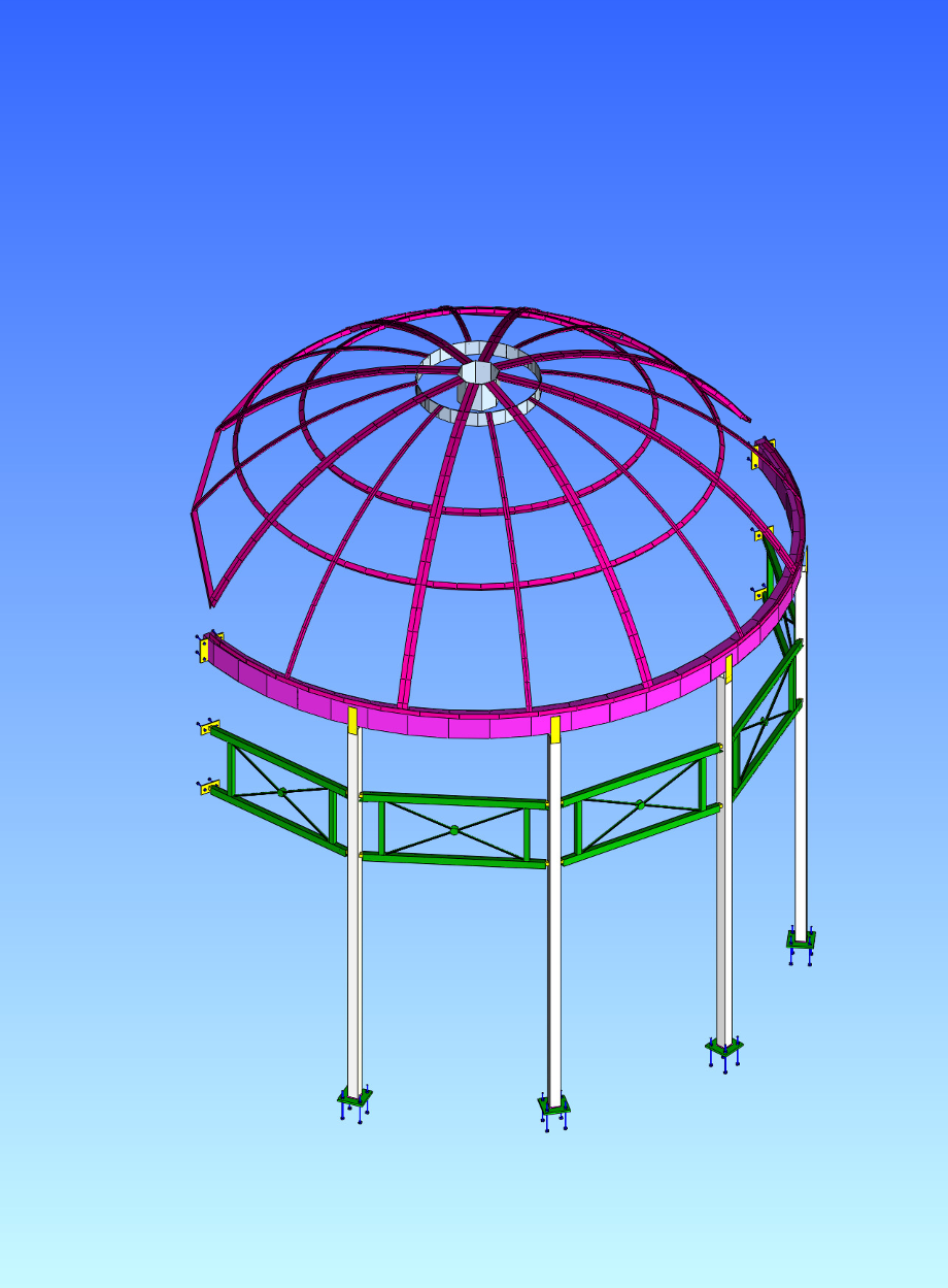 A digital 3D model of a construction framework with a domed roof, featuring pink and green structural elements, supported by white stilts, set against a blue gradient background.