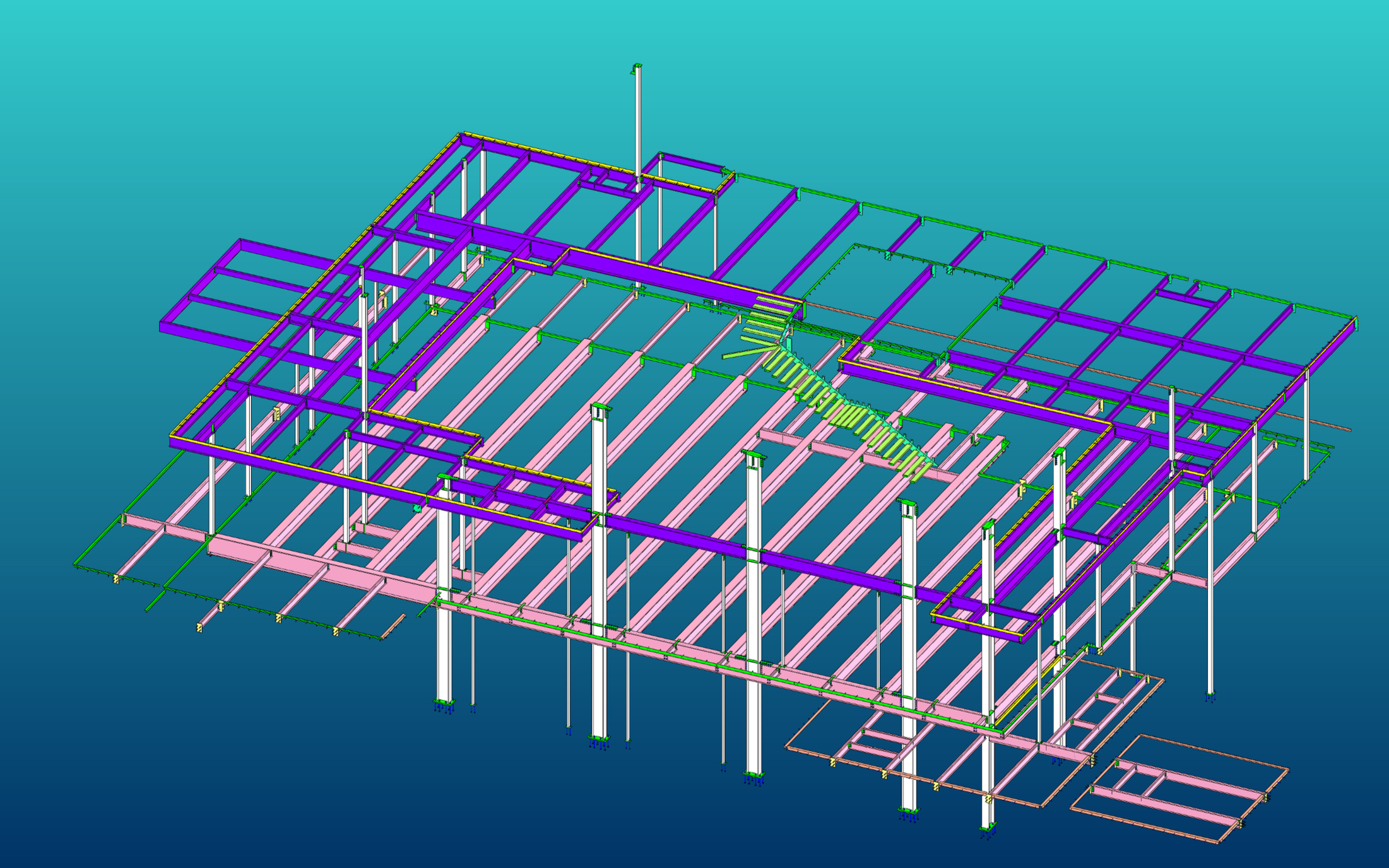 Structural steel framework of a building under construction, viewed in a 3D model with beams, columns, stairs, and supports.
