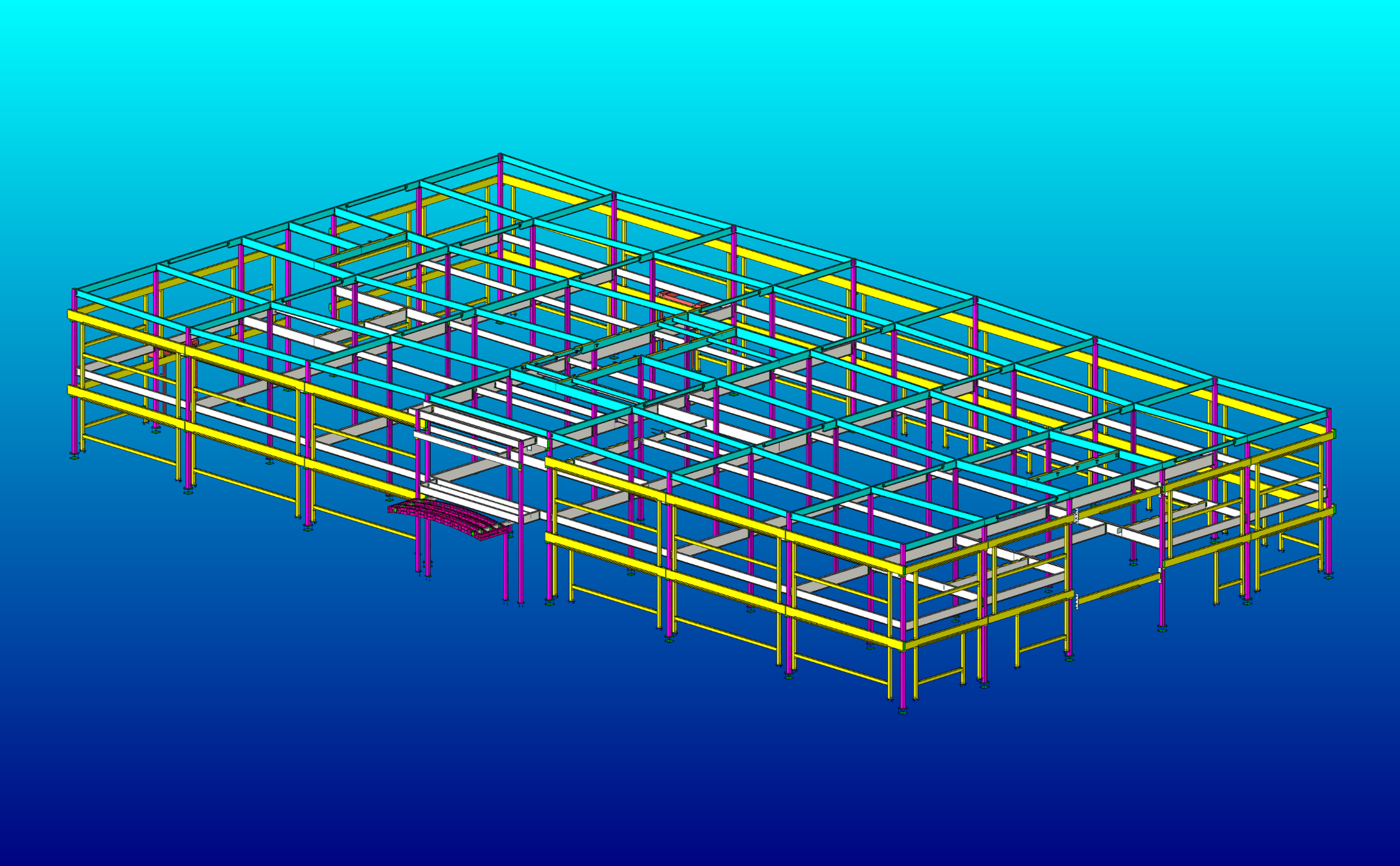 Structural steel framework for a building under construction, with colorful metal beams and columns.