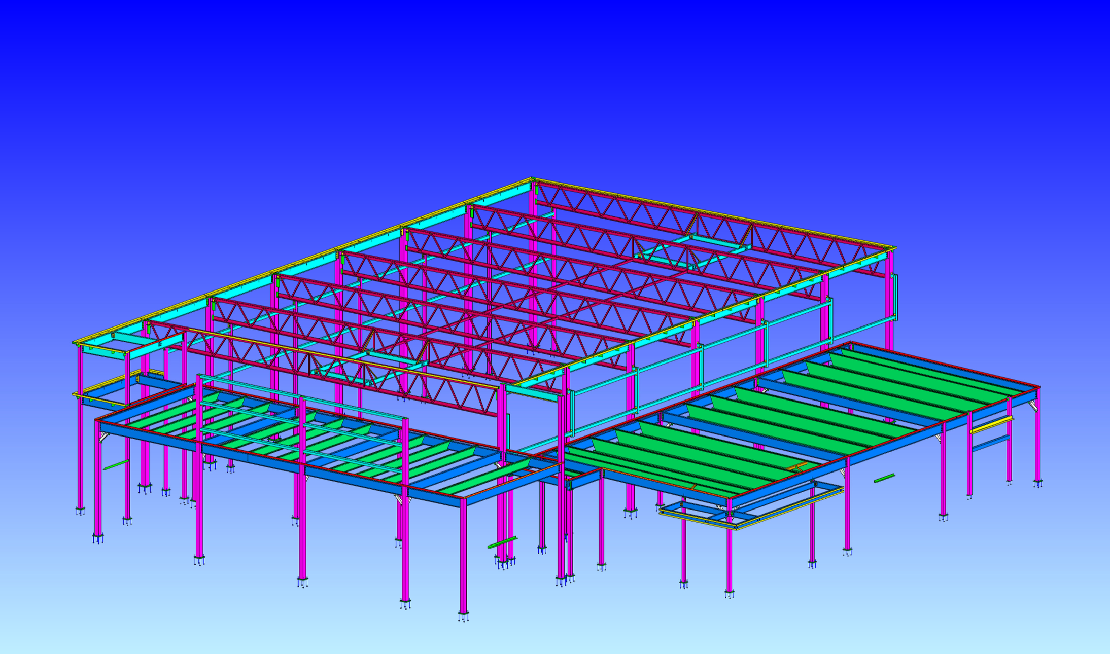 Structural steel framework of a building under construction, with colorful beams and columns on a blue background.