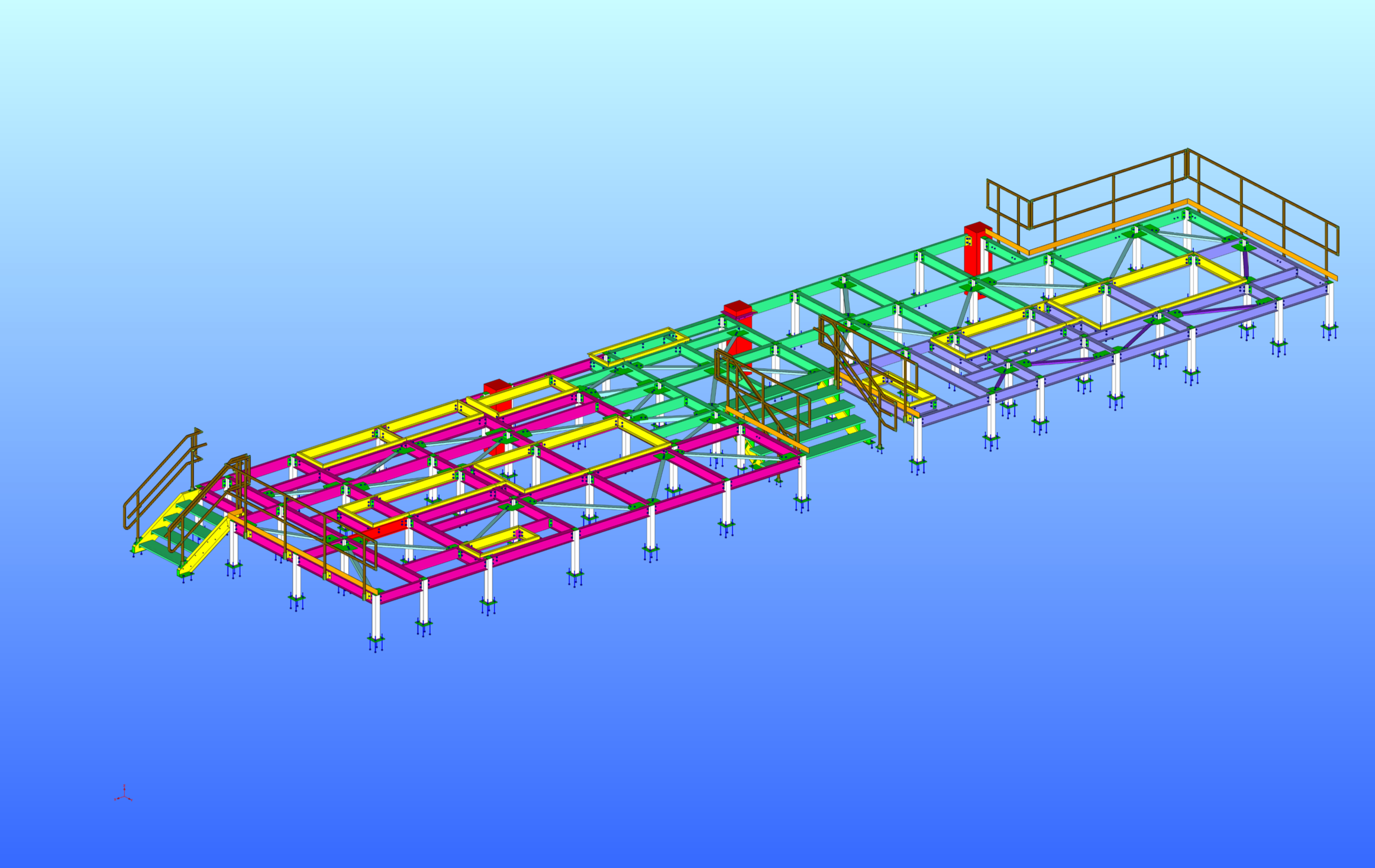 Color-coded structural platform with stairs and safety railings, viewed against a blue background.