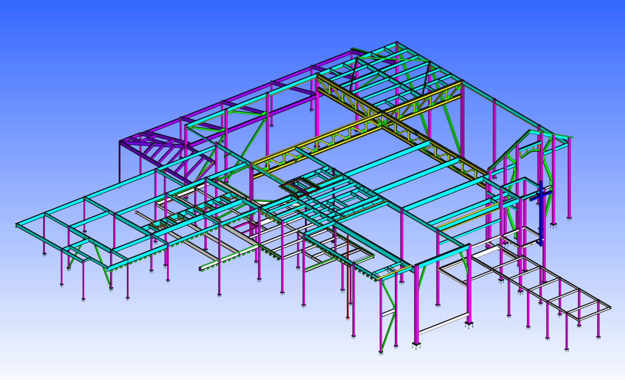 Color-coded steel framework of a building under construction against a blue sky.