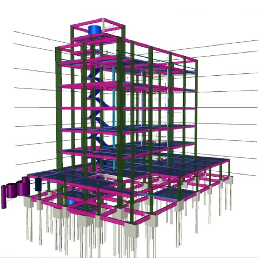 Digital architectural model of a multi-story building structure with steel beams and columns, colored in pink and green, supported by concrete foundation piles.