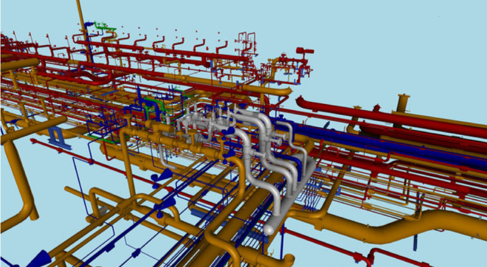 Complex 3D model of an industrial piping system with multicolored pipes and valves.
