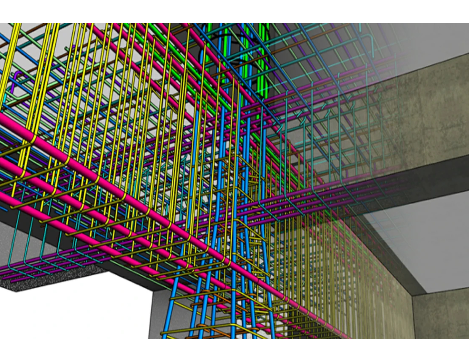 Color-coded steel rebar framework for concrete reinforcement at a construction site.