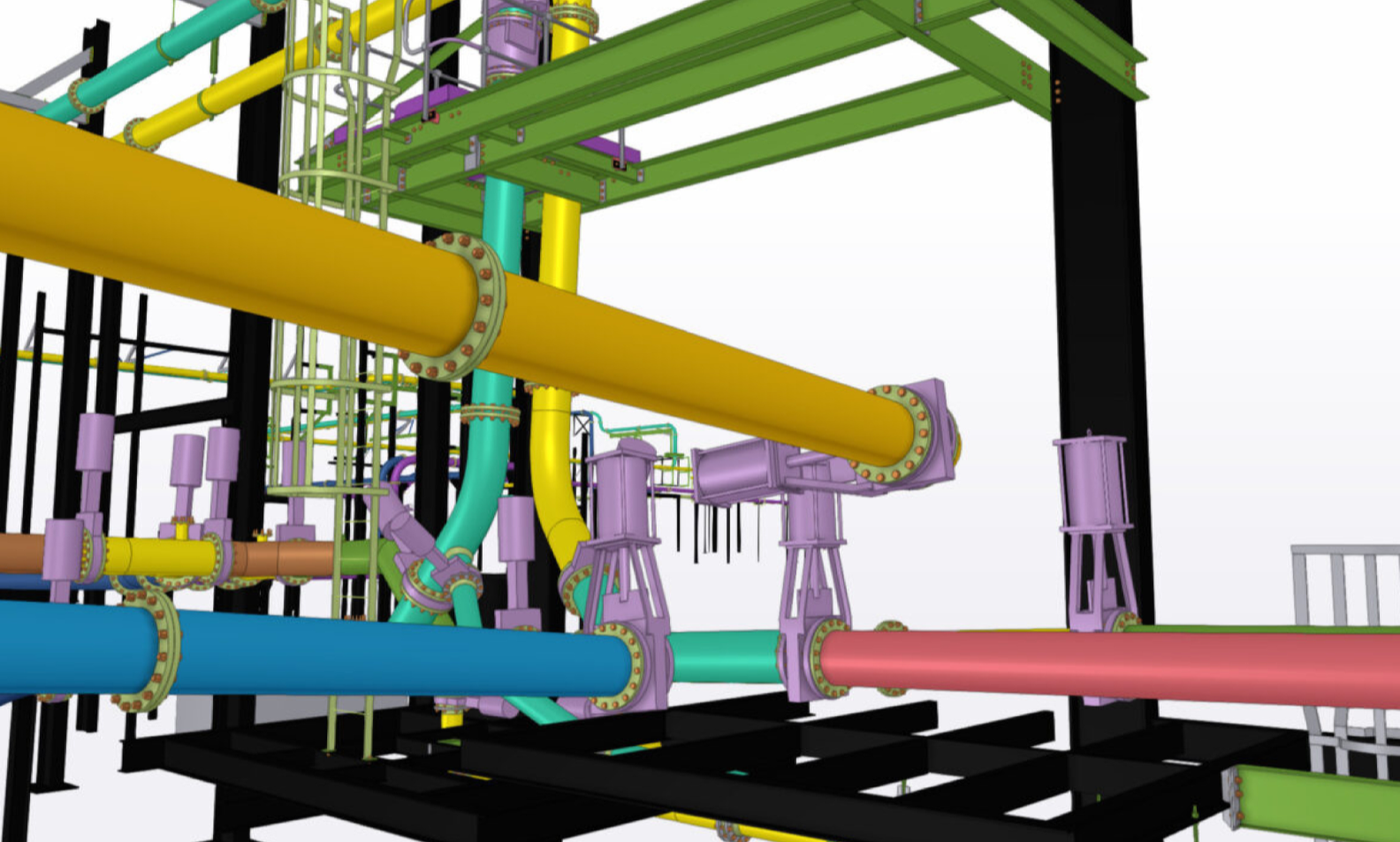 Colorful industrial piping and structural framework, including yellow, teal, purple, red, blue, and black pipes and supports.