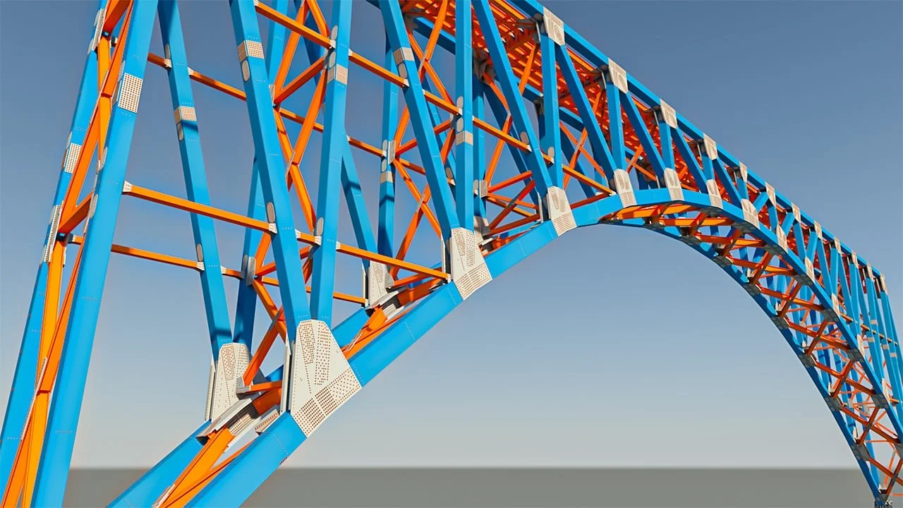 A large, colorful roller coaster structure with blue and orange tracks and supports, without any visible cars or riders, against a clear sky.
