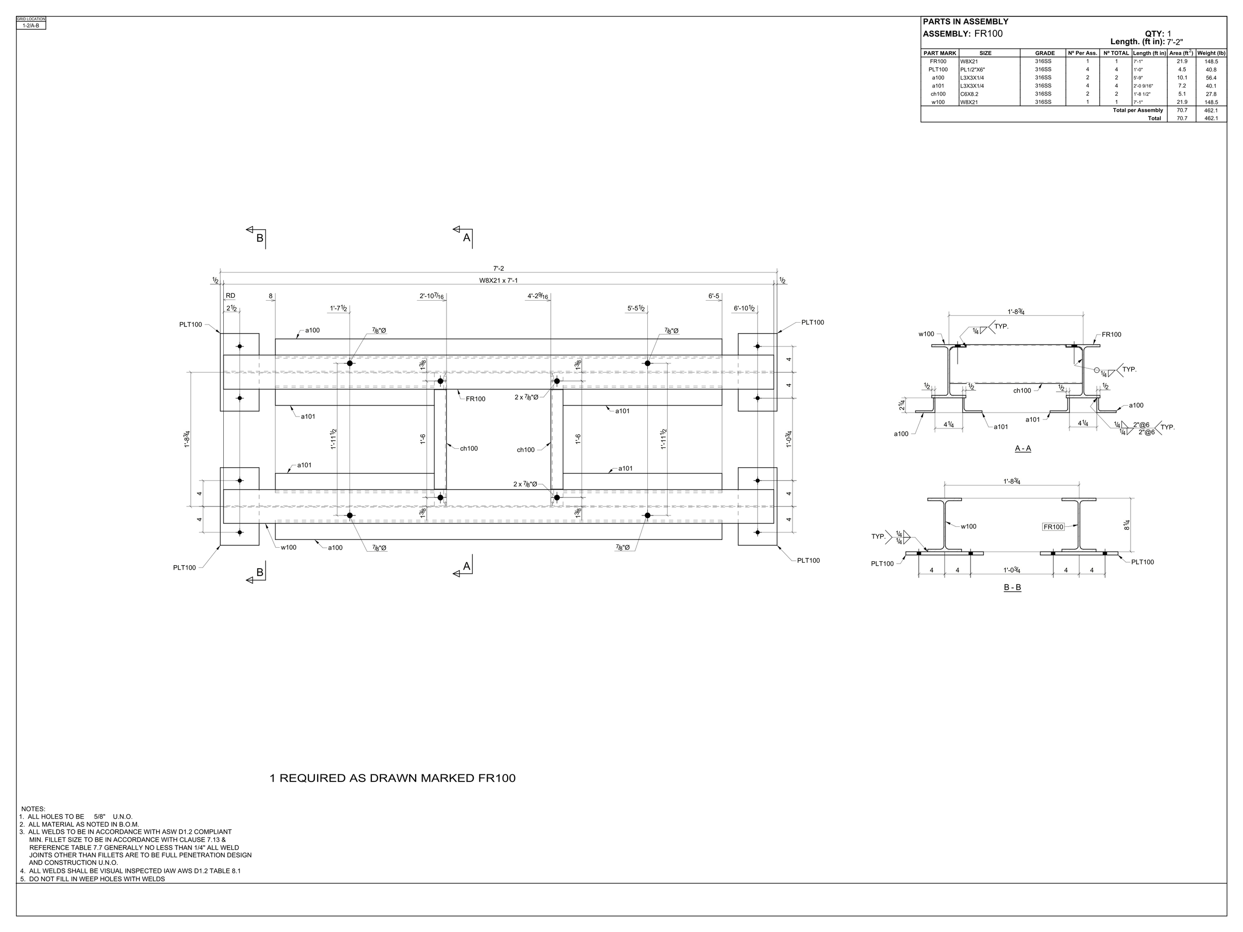 Engineering technical drawing of structural component with detailed dimensions, section views, and assembly notes.