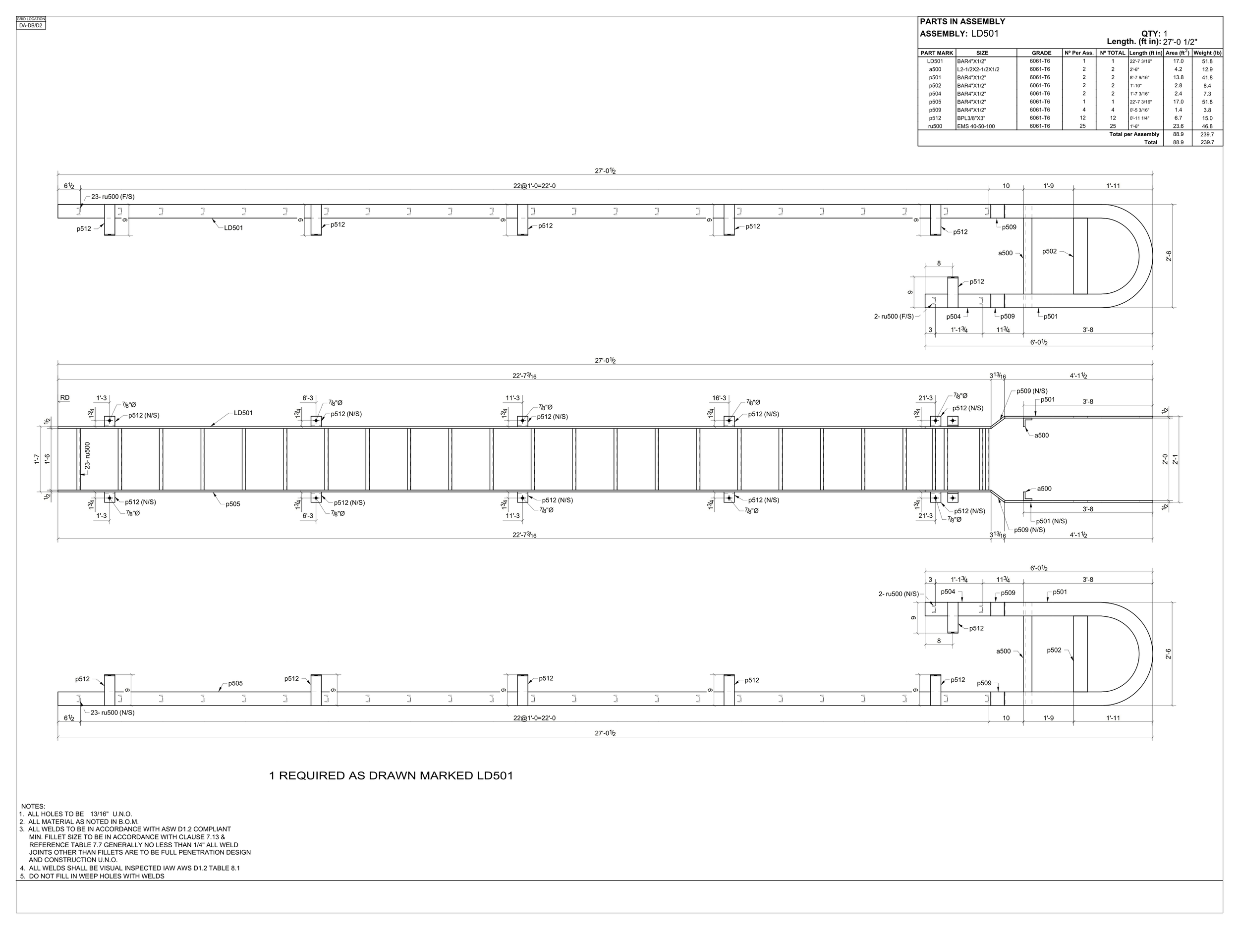 Technical blueprint of a structural component with multiple views, measurements, and part specifications, including detailed annotations and a parts assembly table.