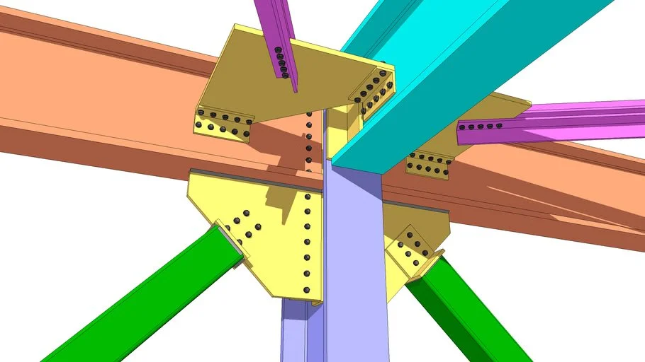 Colorful wooden or plastic beams connected with metal plates and screws in various colors including blue, yellow, green, purple, and brown, forming a geometric structure.
