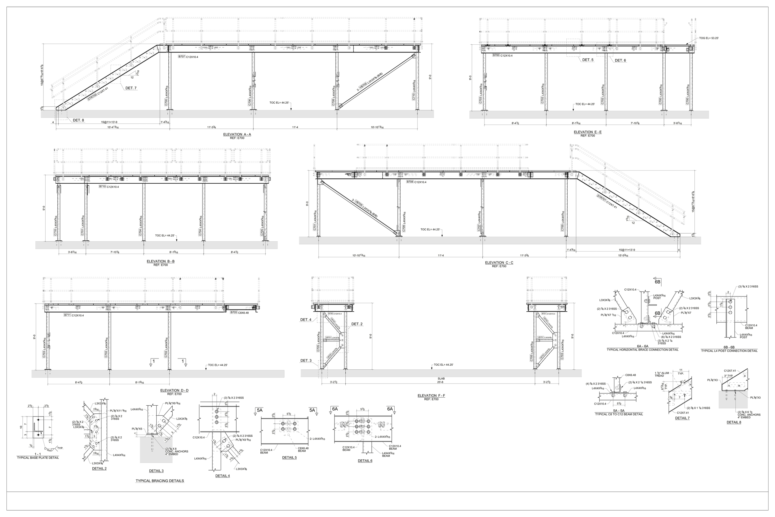 Architectural blueprint displaying multiple elevation views, structural details, measurements, and construction specifications for a building or structure.