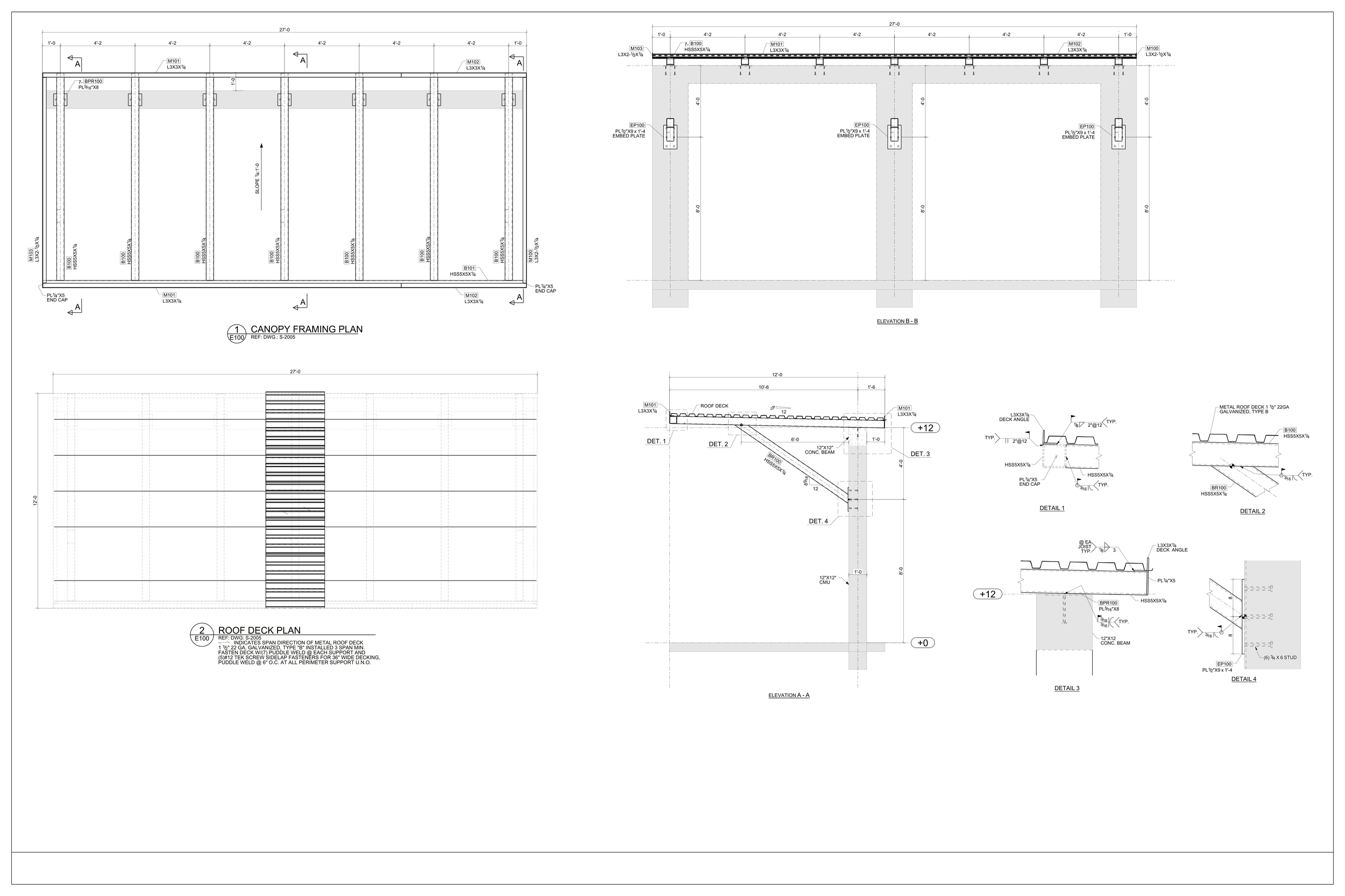 Architectural blueprint of a building, showing canopy framing plan, roof deck plan, elevation views, and detailed sections of structural components.