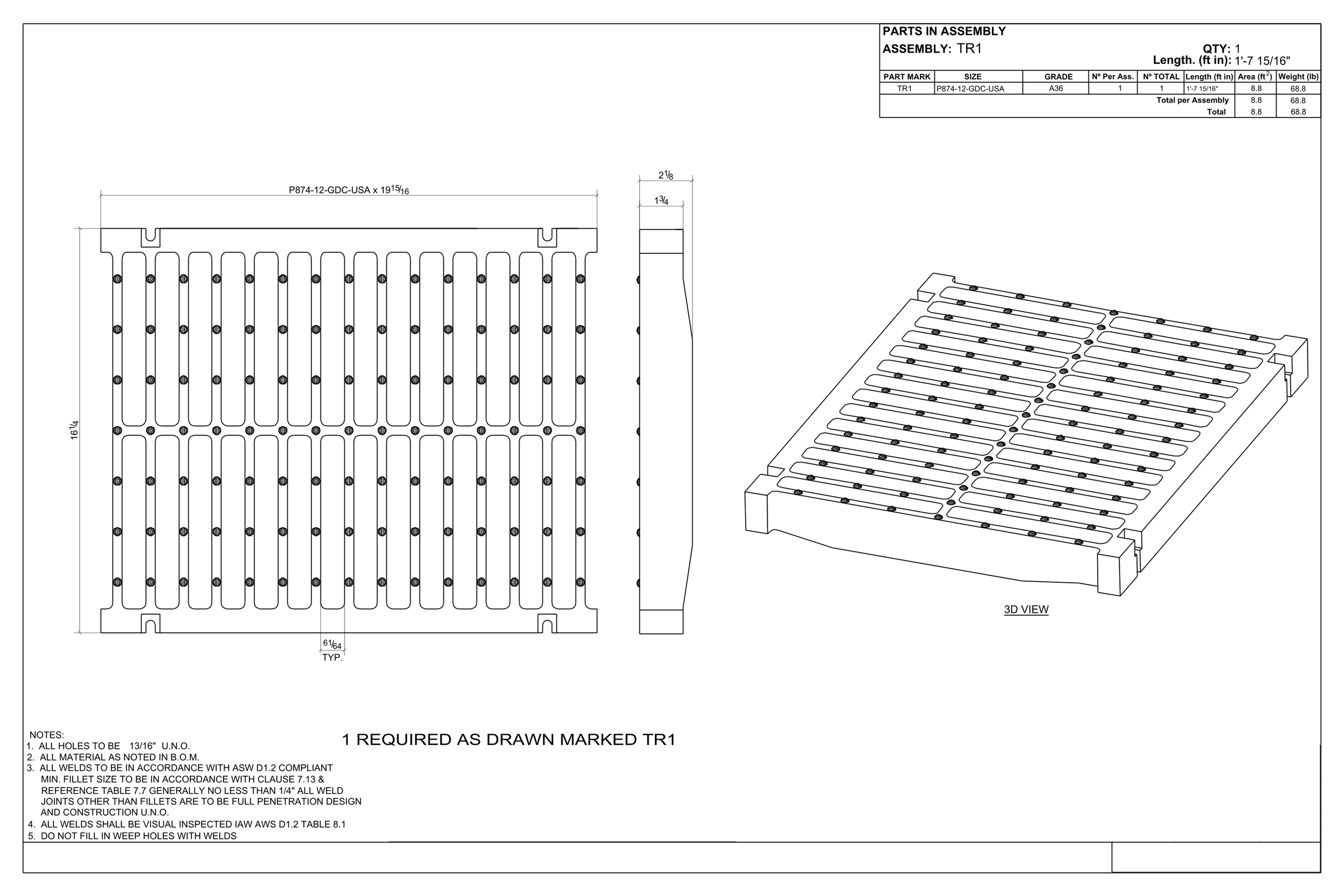 Technical drawing of a metal grate with multiple holes and bars, shown in top and side views, with detailed measurements and annotations.