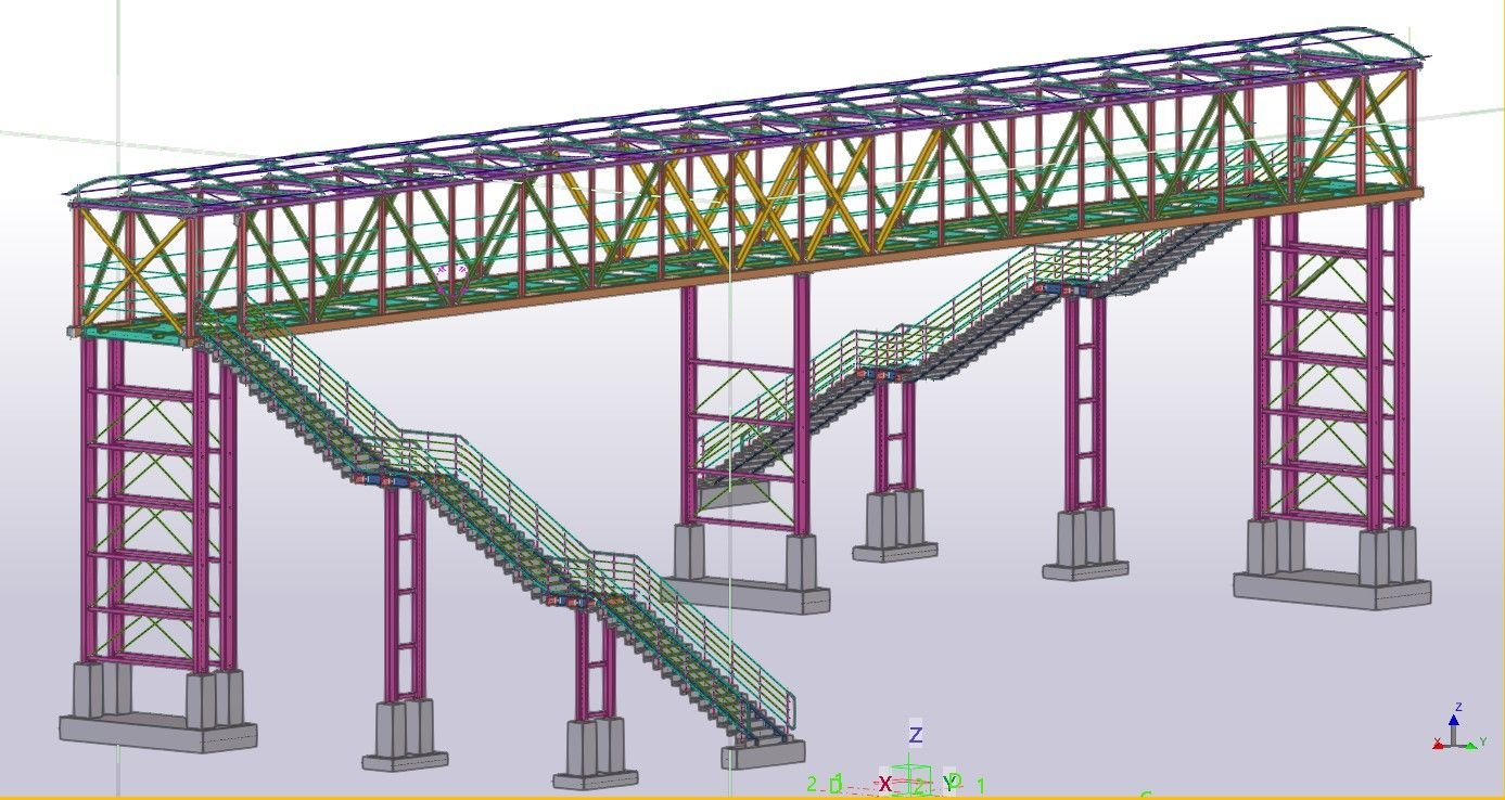 3D CAD model of a pedestrian bridge with stairs on both sides, supported by large concrete piers, featuring a steel truss structure and platform with safety railings.