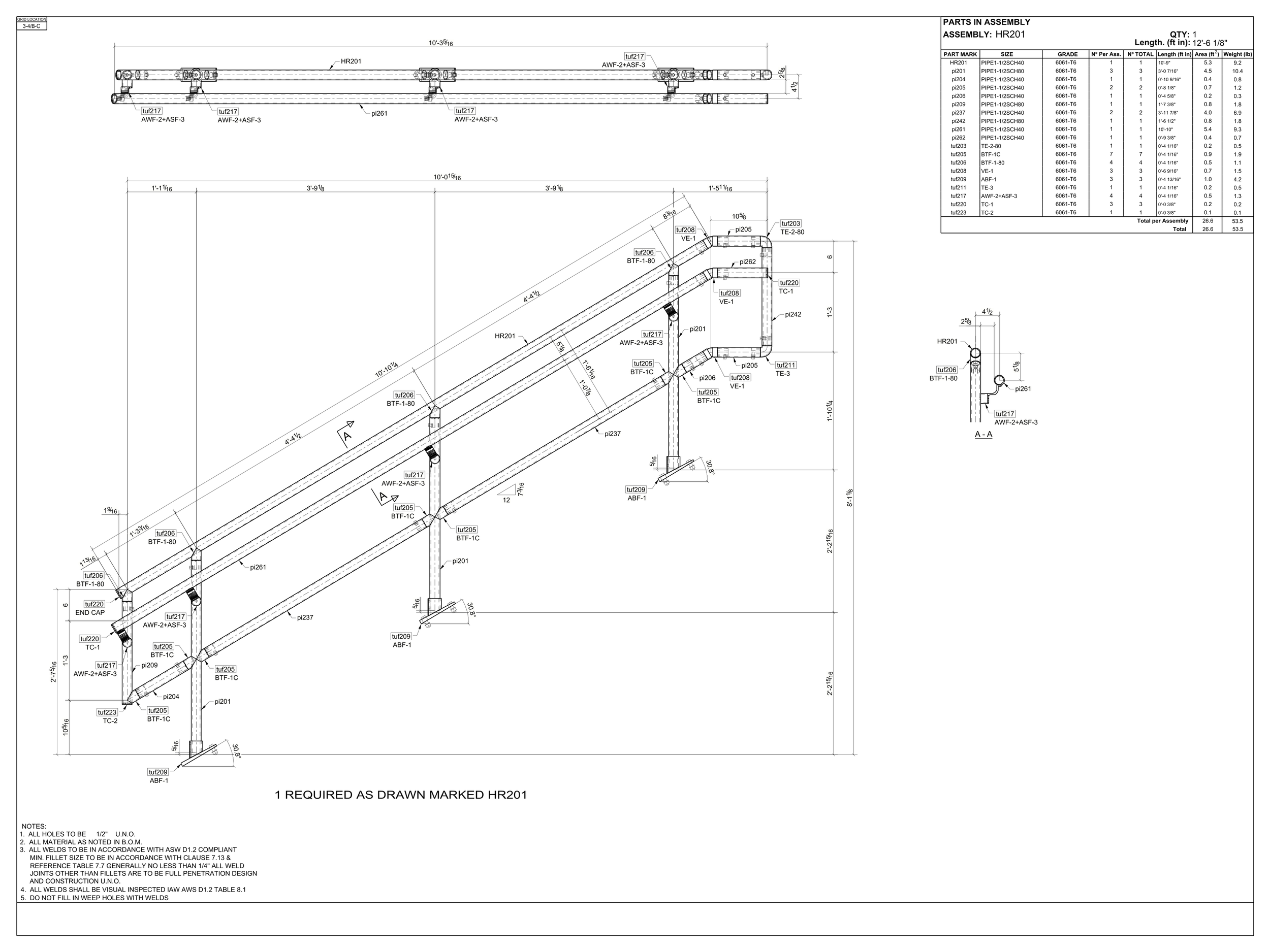 Detailed engineering drawing of an industrial piping system with dimensions, labeled parts, and assembly notes.