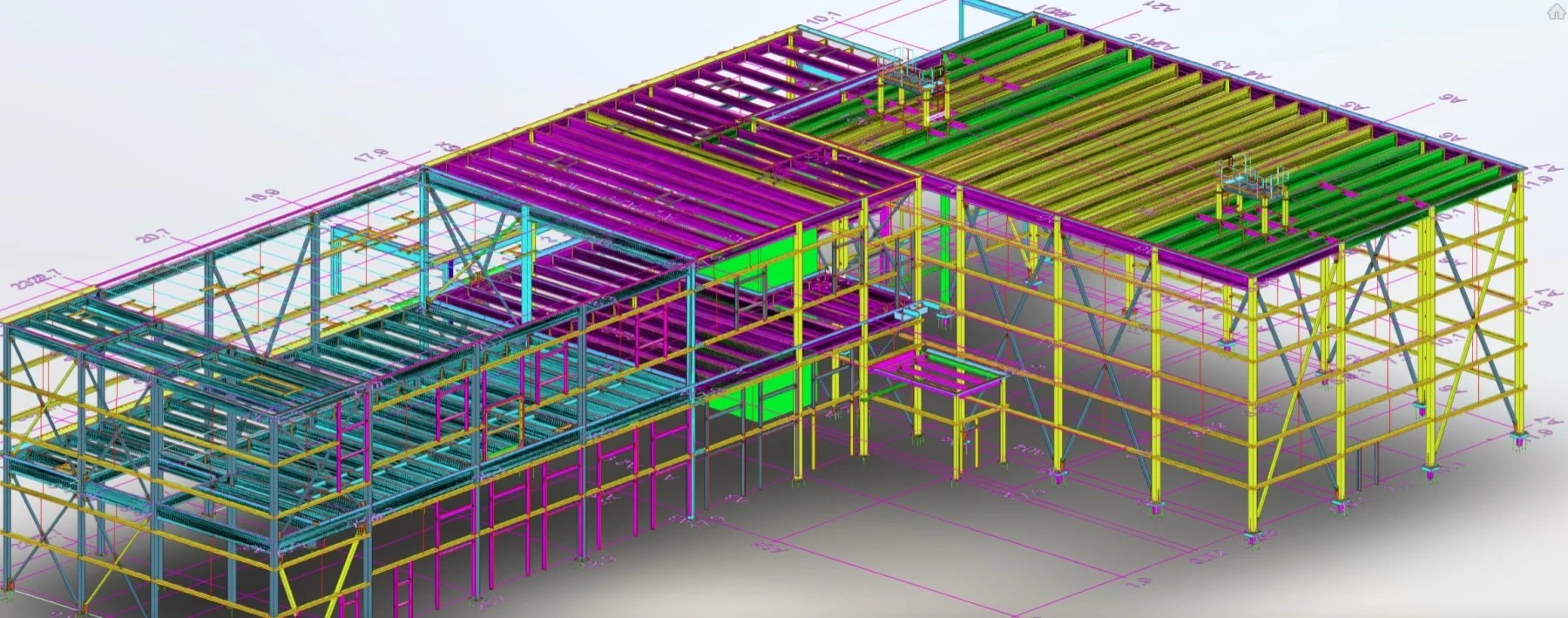 Color-coded 3D model of a steel building framework with various beams, columns, and construction elements, including diagonal braces and flooring supports, overlaid with measurement and grid lines for construction planning.