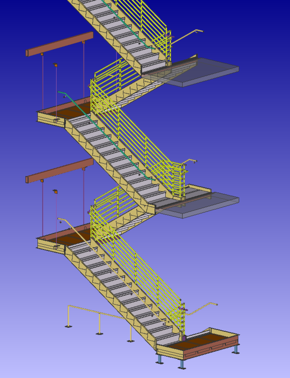 3D rendering of a metal staircase with yellow railings, alternating between an ascending and descending view, on a blue background.