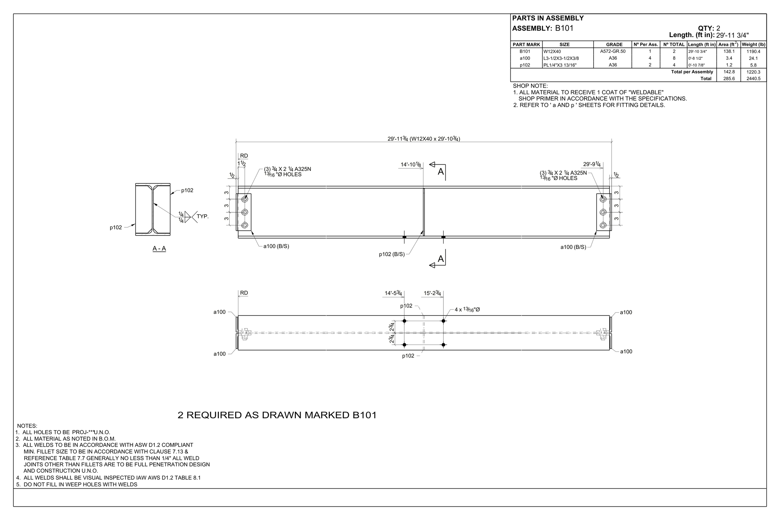 Technical engineering drawing of a metal part with dimensions, hole placements, and assembly instructions, including top and side views.