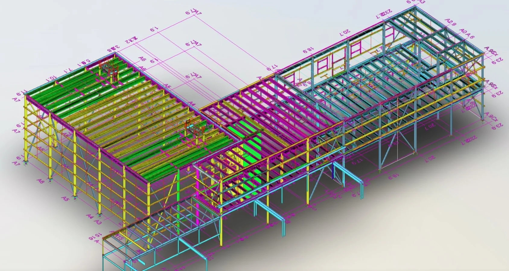 Color-coded steel frame structure of a building under construction, showing various beams and columns with dimensions and measurements labeled in pink.
