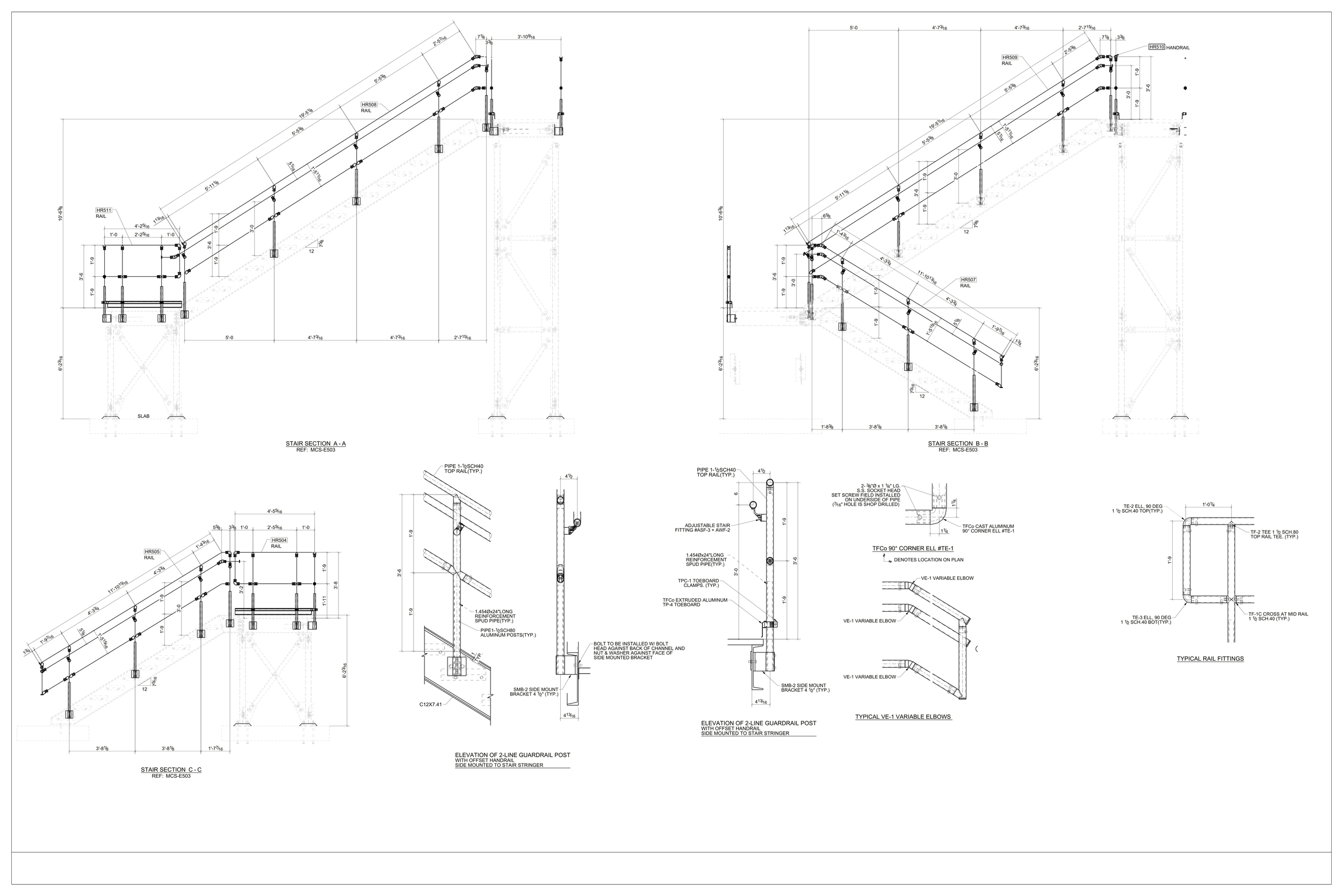 Technical architectural drawing of a staircase, showing multiple views and detailed measurements of the stair structure, handrails, guardrails, and supporting posts.