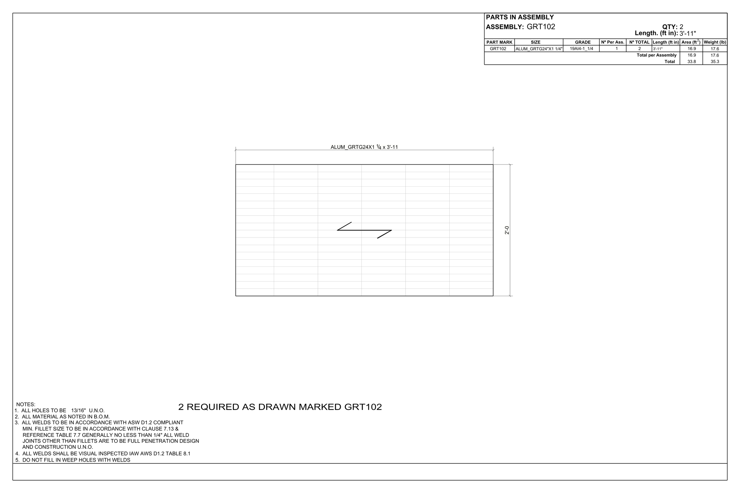 Technical engineering drawing of a rectangular aluminum plate with dimensions 3 feet 11 inches by 2 feet. The drawing includes a top view with grid lines, a labeled part number ALUM_GRTG24X1, and assembly details, with notes on hole sizes, welding st