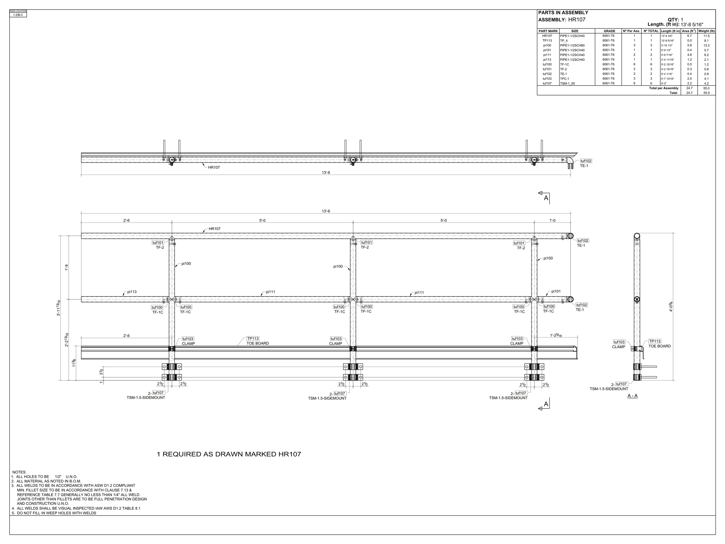 Technical engineering drawing of a structural frame assembly with measurements, components labeled, and a parts list in the top right corner.