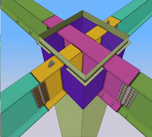 Color-coded diagram of a structural framework with interconnected beams and supports, showing different sections in green, blue, purple, pink, yellow, and teal.