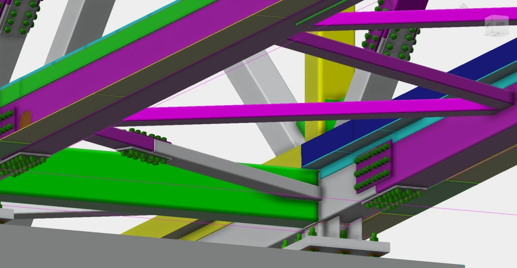 A computer-generated image of a model showing colorful structural components, including purple, green, gray, yellow, and blue parts, with small green elements that resemble pegs or connectors.