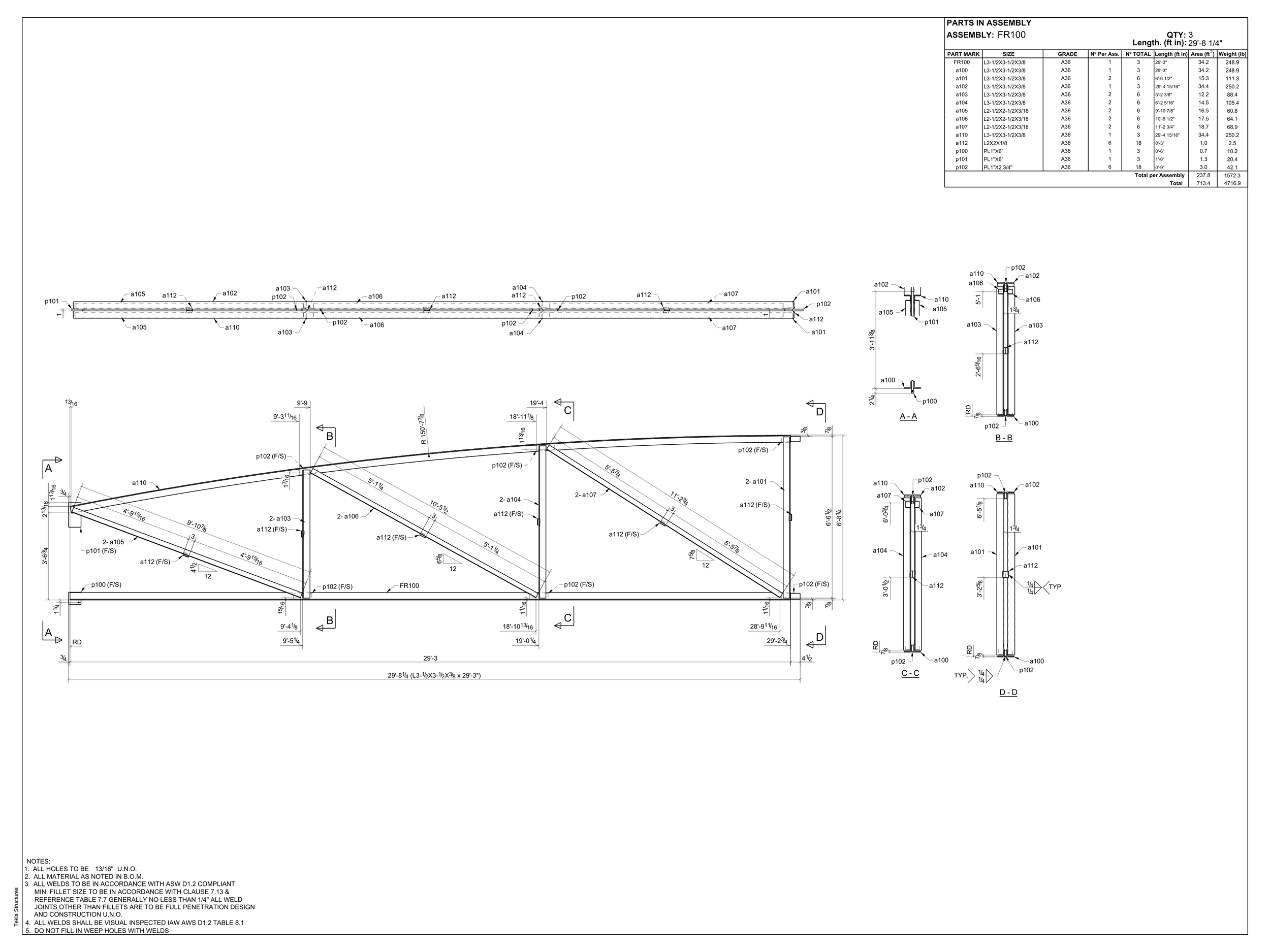 Technical drawing of a structural assembly with detailed measurements and component labels, including a parts list in the top right corner.