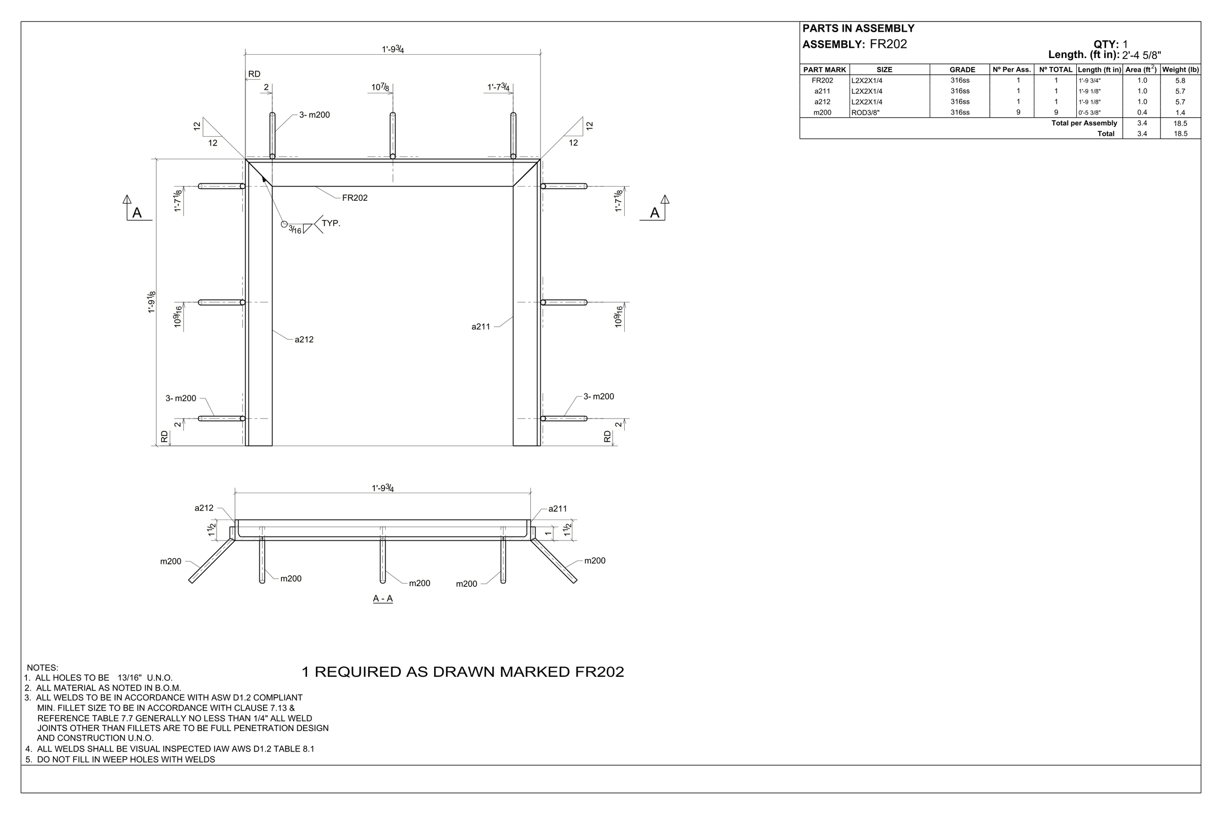 Technical drawing of a metal structure with detailed measurements, parts list, and assembly instructions.