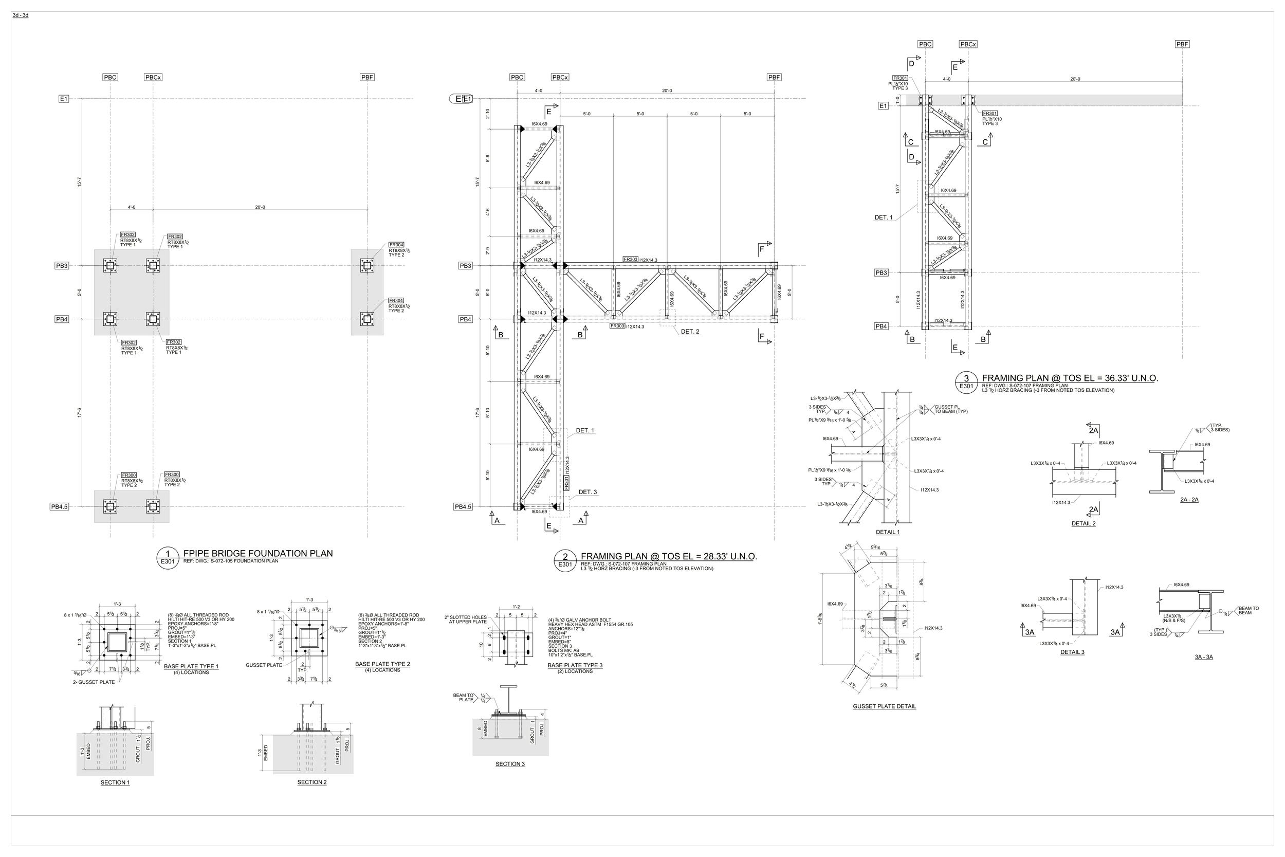 Technical architectural drawing of a bridge foundation plan, showing detailed construction and framing plans with measurements, sections, and structural specifications.
