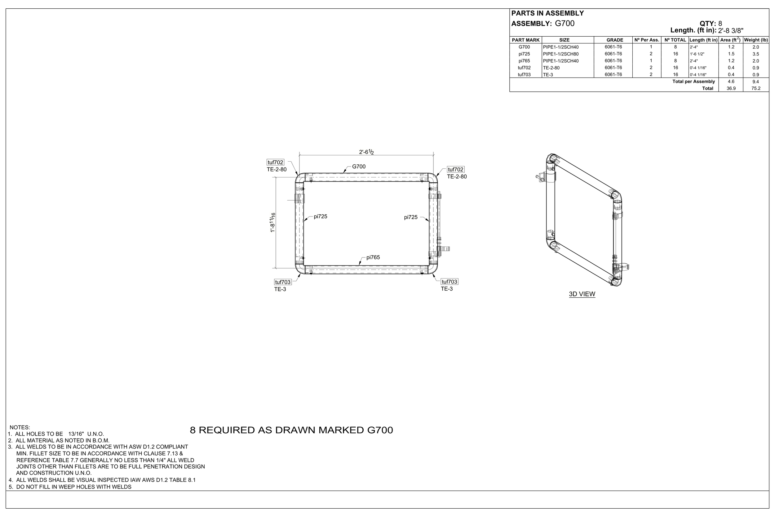 Technical drawing of a rectangular pipe assembly with dimensions, part labels, and assembly details, including top view and 3D view. Part labels include G700, pi725, pi765, tuf702, and tuf703.