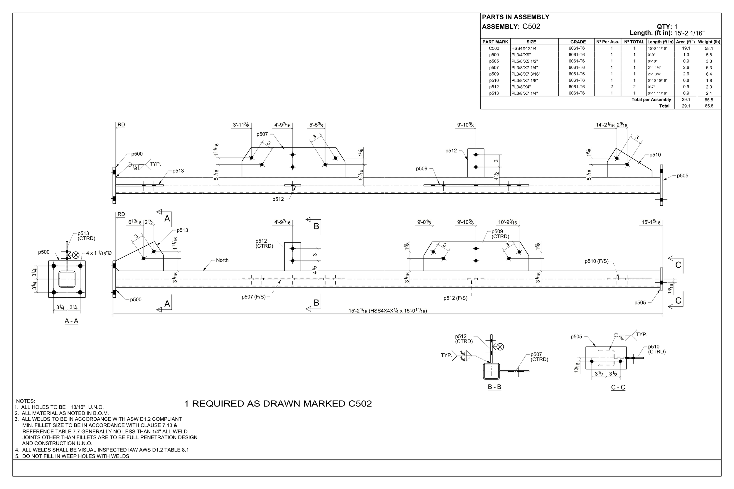 Technical engineering blueprint of a metal part assembly with detailed measurements, dimensions, and notes.