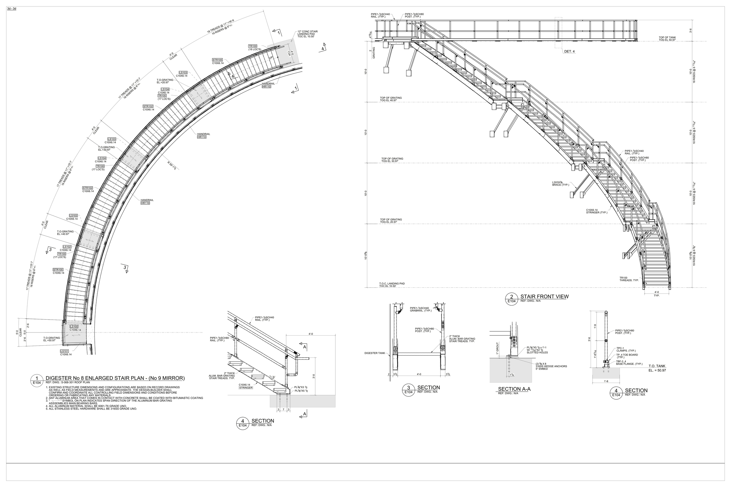 Technical blueprint of an enlarged stair plan, showing detailed structural and section views, annotations, and measurements.