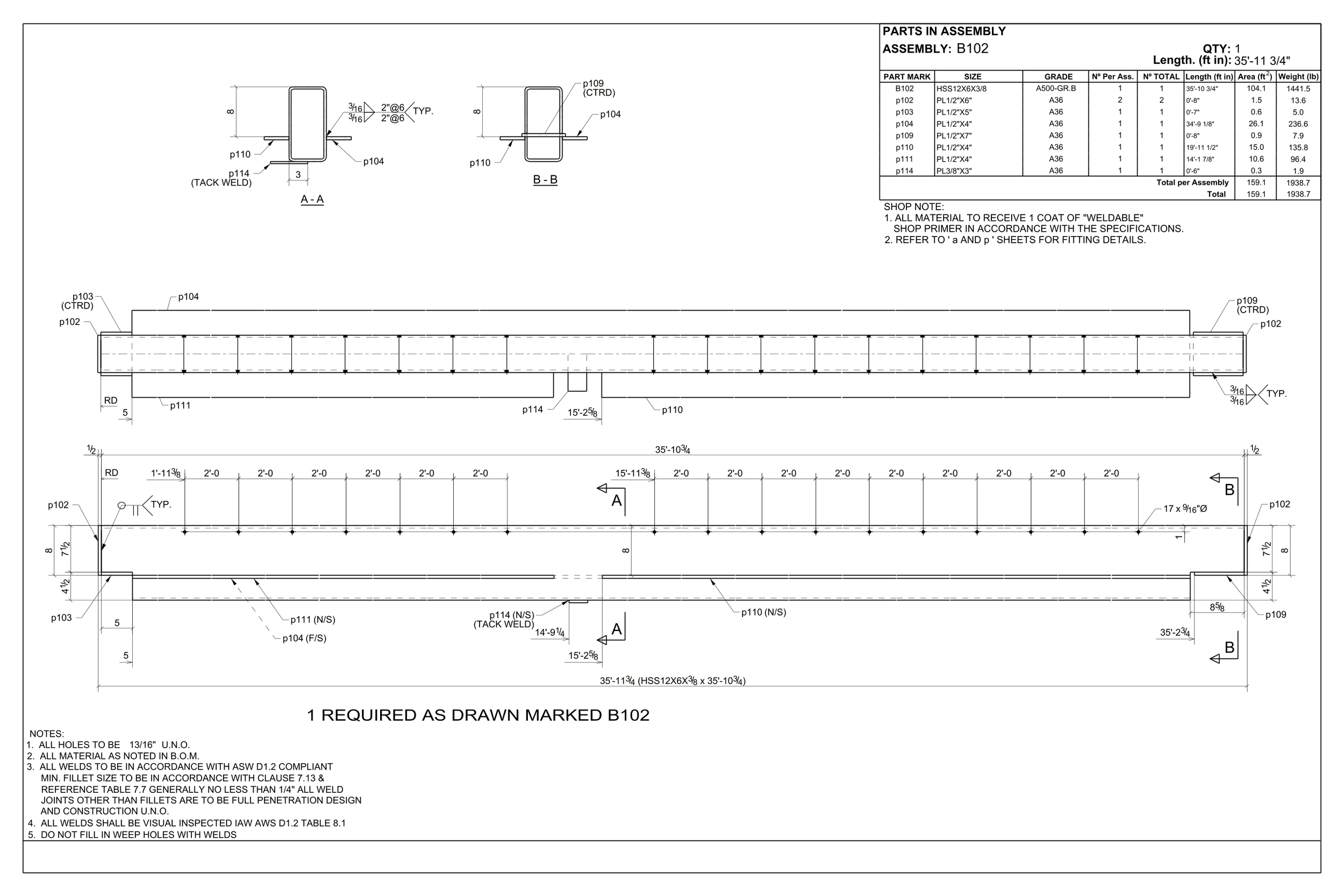 Engineering drawing of a metal assembly with detailed views, measurements, and specifications, including part labels, weld details, and a parts list in the top right corner.