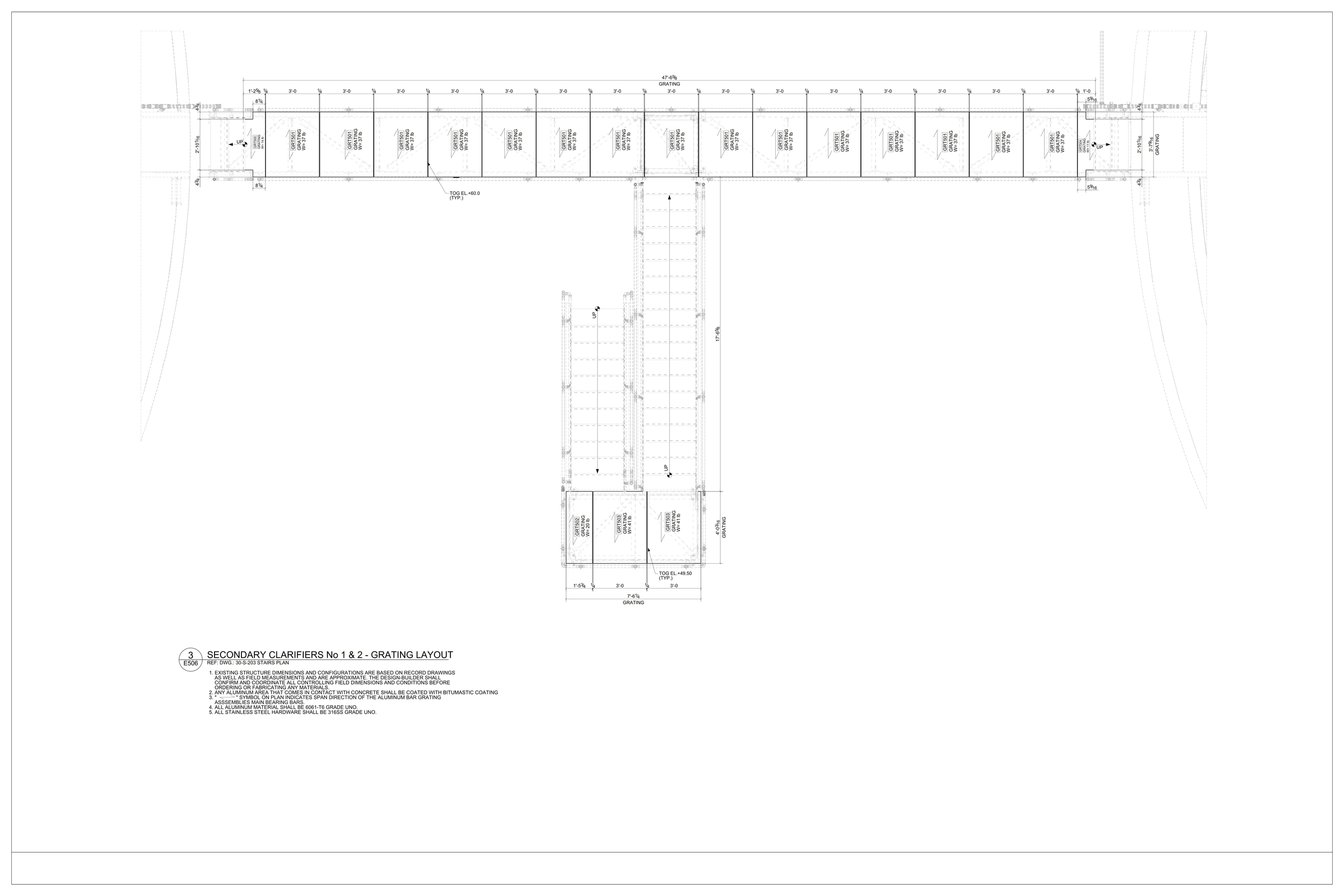 Detailed architectural blueprint of a secondary clarifier grating layout, showing structural measurements and design specifications.