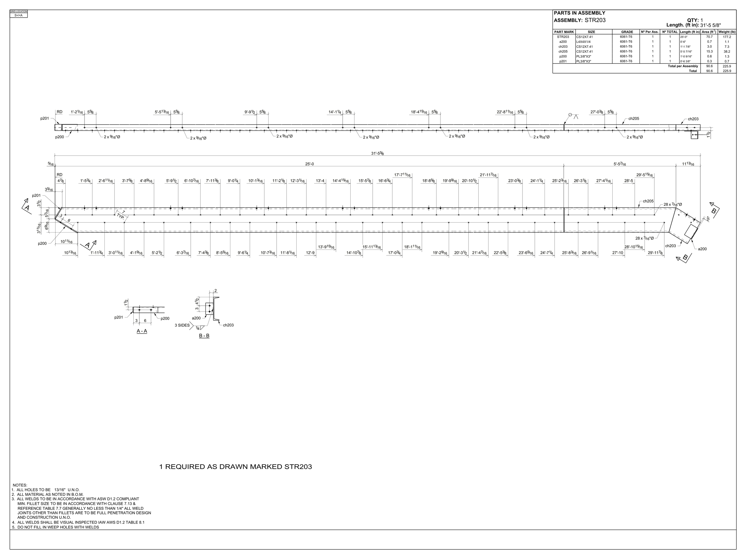 A detailed engineering drawing of a structural steel component, showing top, side, and sectional views with measurements, annotations, and part specifications.
