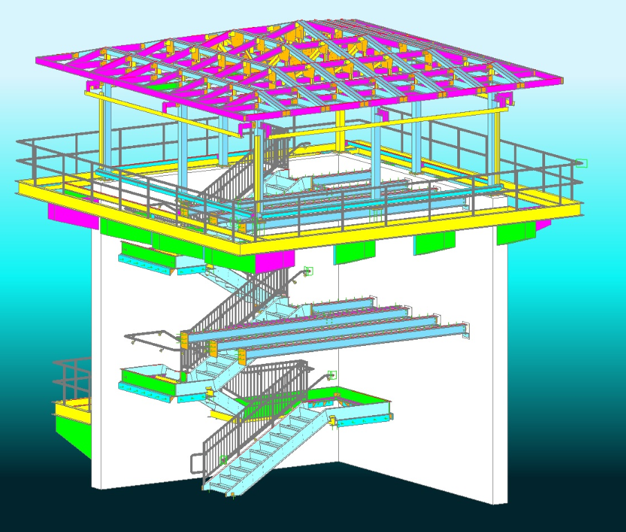 A 3D model of a multi-level observation tower with a staircase, walkways, and a roof structure, depicted with colored outlines.