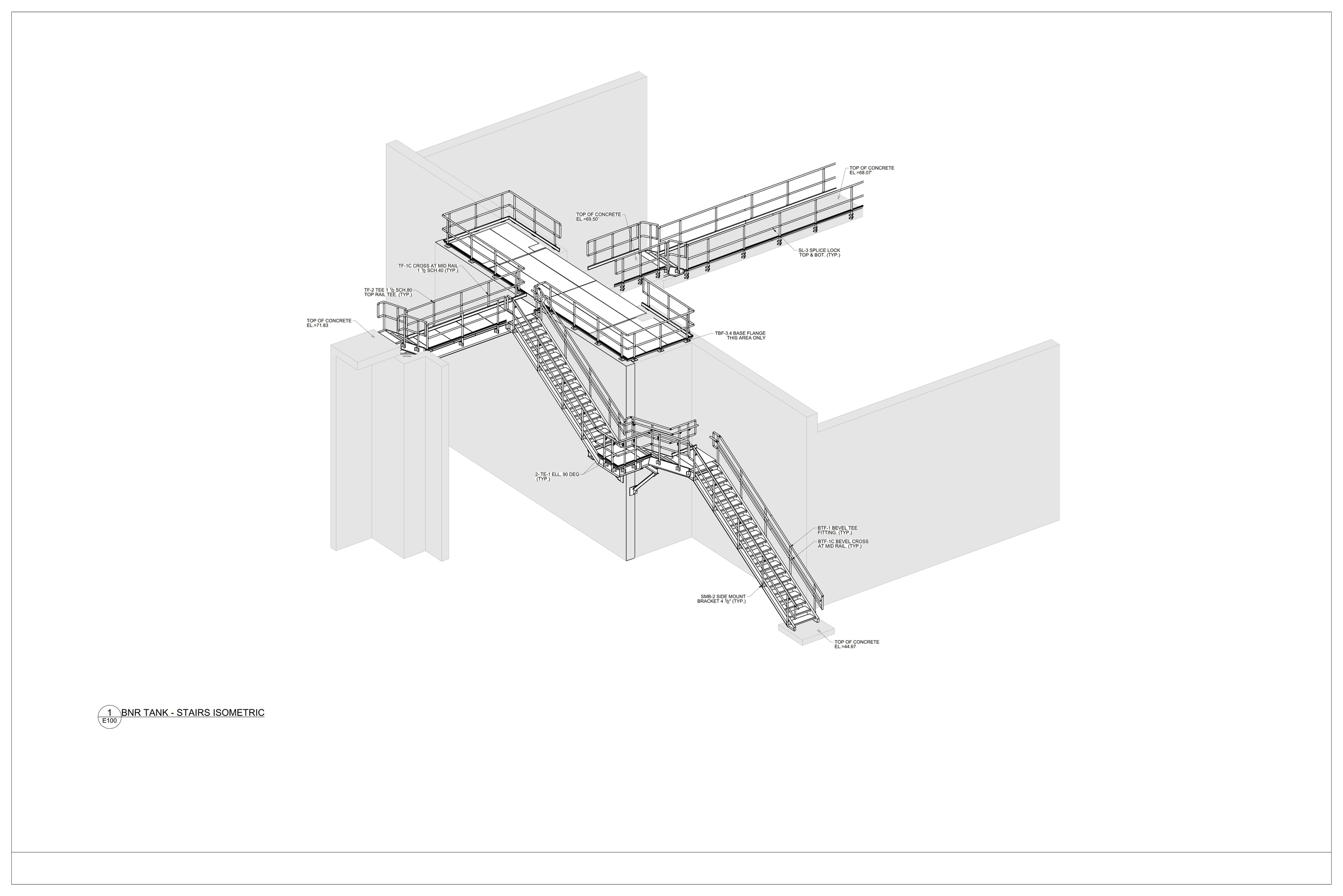 Isometric drawing of stairs and platforms around a tank, with detailed annotations and labels for construction components.