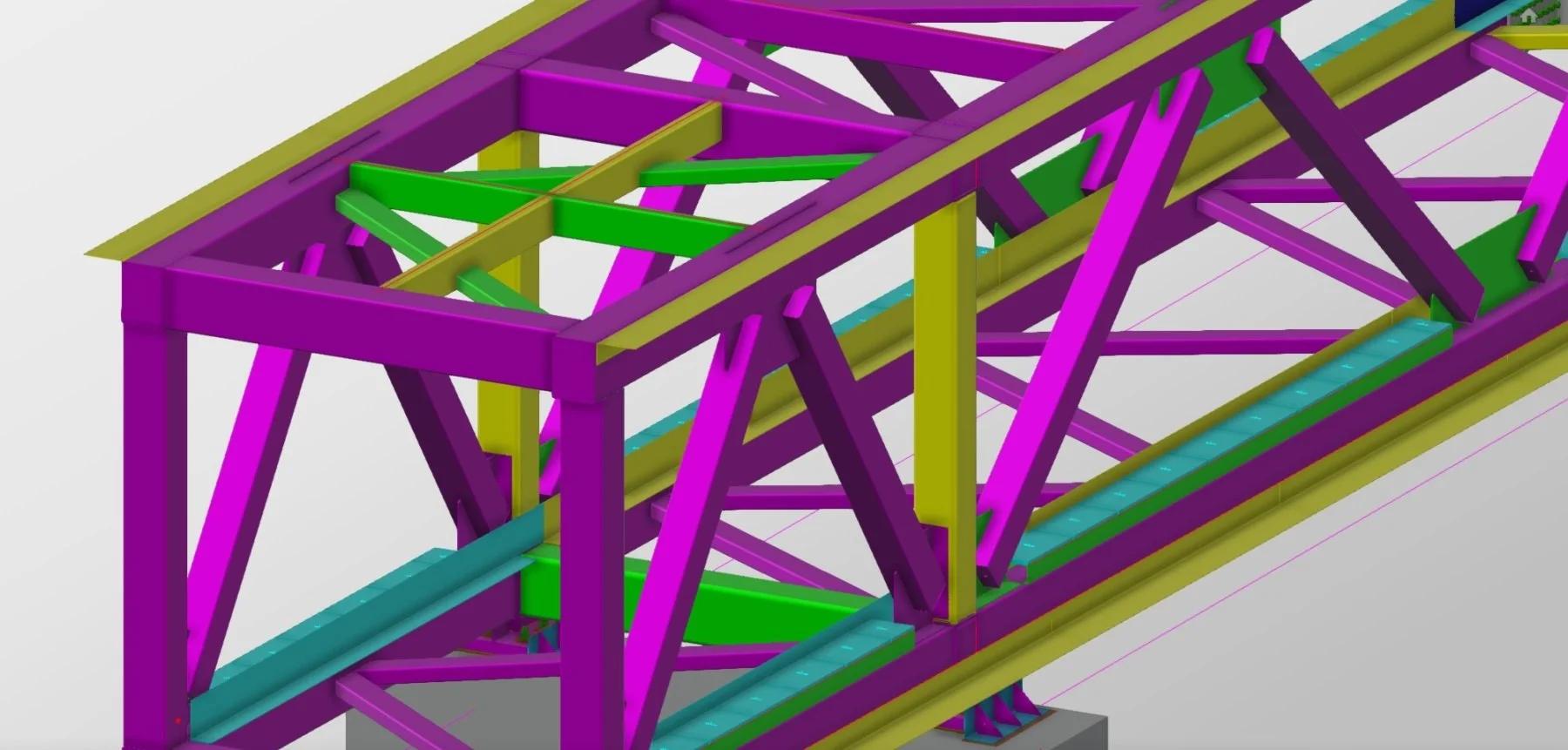 Color-coded structural steel framework of a bridge under construction
