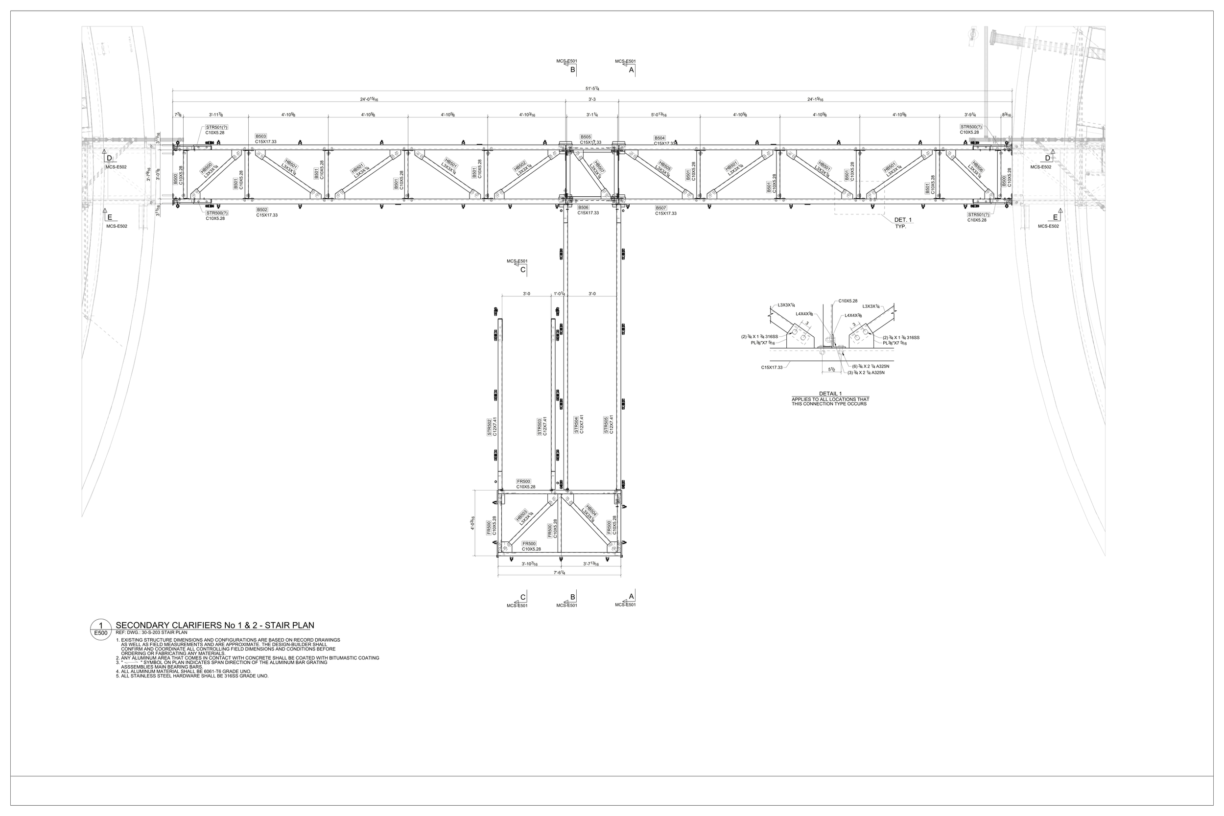 Architectural drawing of a staircase plan labeled as Secondary Clarifiers No. 1 & 2, with detailed measurements, structural components, and construction notes in black and white.