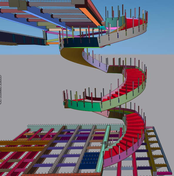 A digital illustration of a spiral staircase with red steps and colorful railings, viewed from below against a plain gray and blue background.