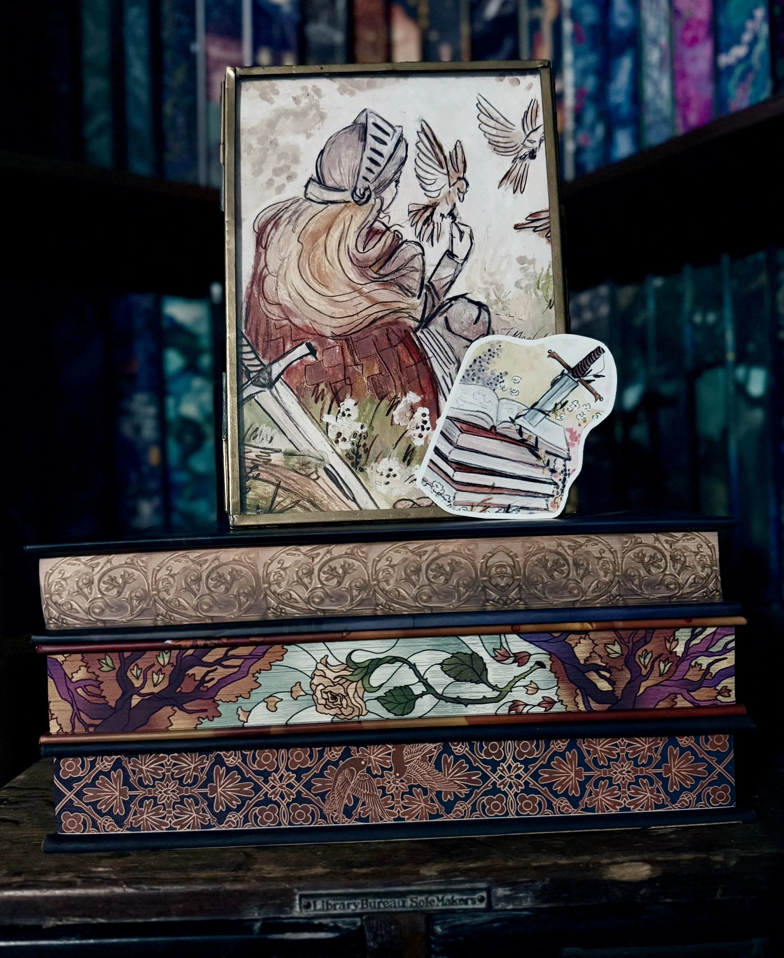Lady Knight & Birds Art Print & Bookish Sticker