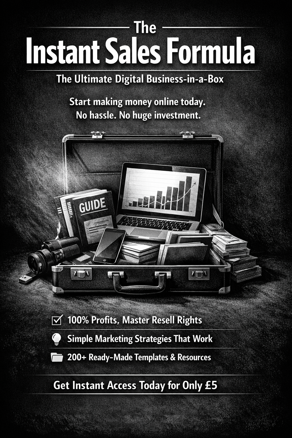 Advertisement for 'The Instant Sales Formula,' a digital business product. The image shows an open briefcase with a laptop displaying a rising bar graph, a guidebook, a smartphone, a camera, and stacks of cash. The text promotes online money making with no hassle or large investment, offering 100% profits, master resell rights, simple marketing strategies, and 200+ templates and resources, for £5.