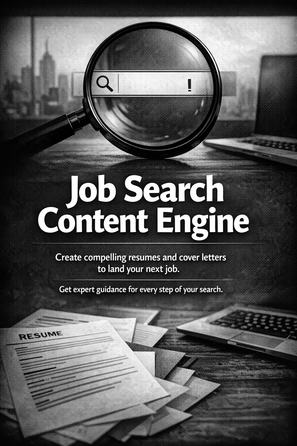 Black and white image showing a magnifying glass over a search bar with an exclamation mark and magnifying glass icon. Text reads 'Job Search Content Engine' with a tagline about creating resumes and cover letters. Papers and a laptop are on a desk in the foreground, with a city skyline in the background.