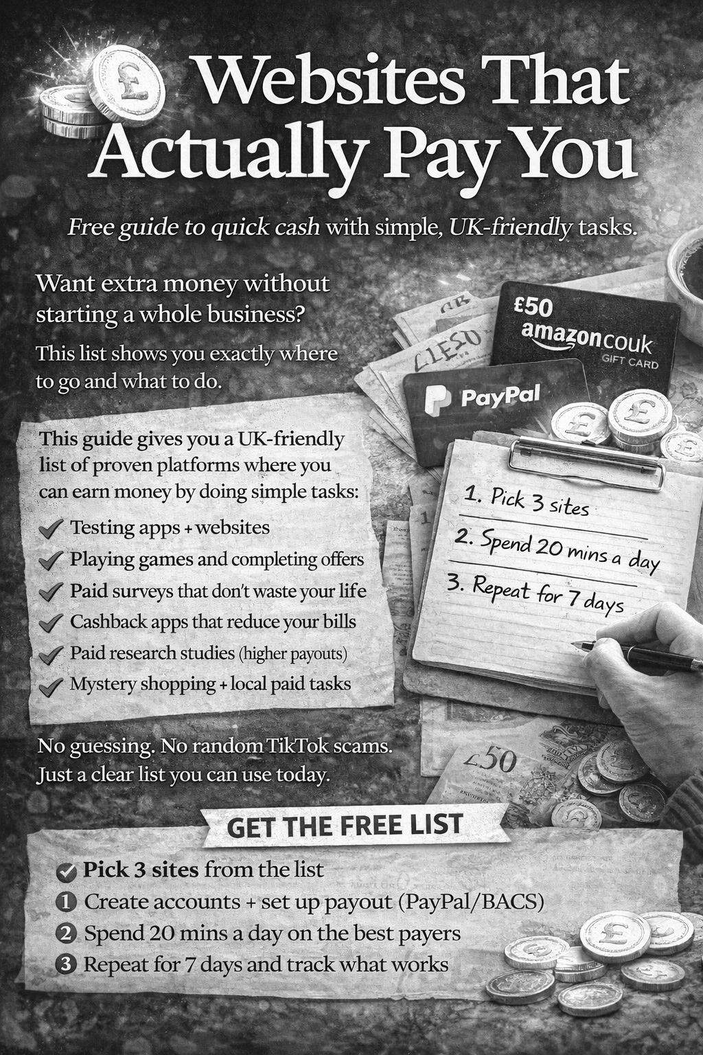 Black and white promotional flyer displaying various UK-friendly methods to earn money online. Includes images of cash, gift cards, and notes with steps for earning through testing apps, playing games, surveys, cashback apps, research, and shopping, with a call to action to get a free list of sites.